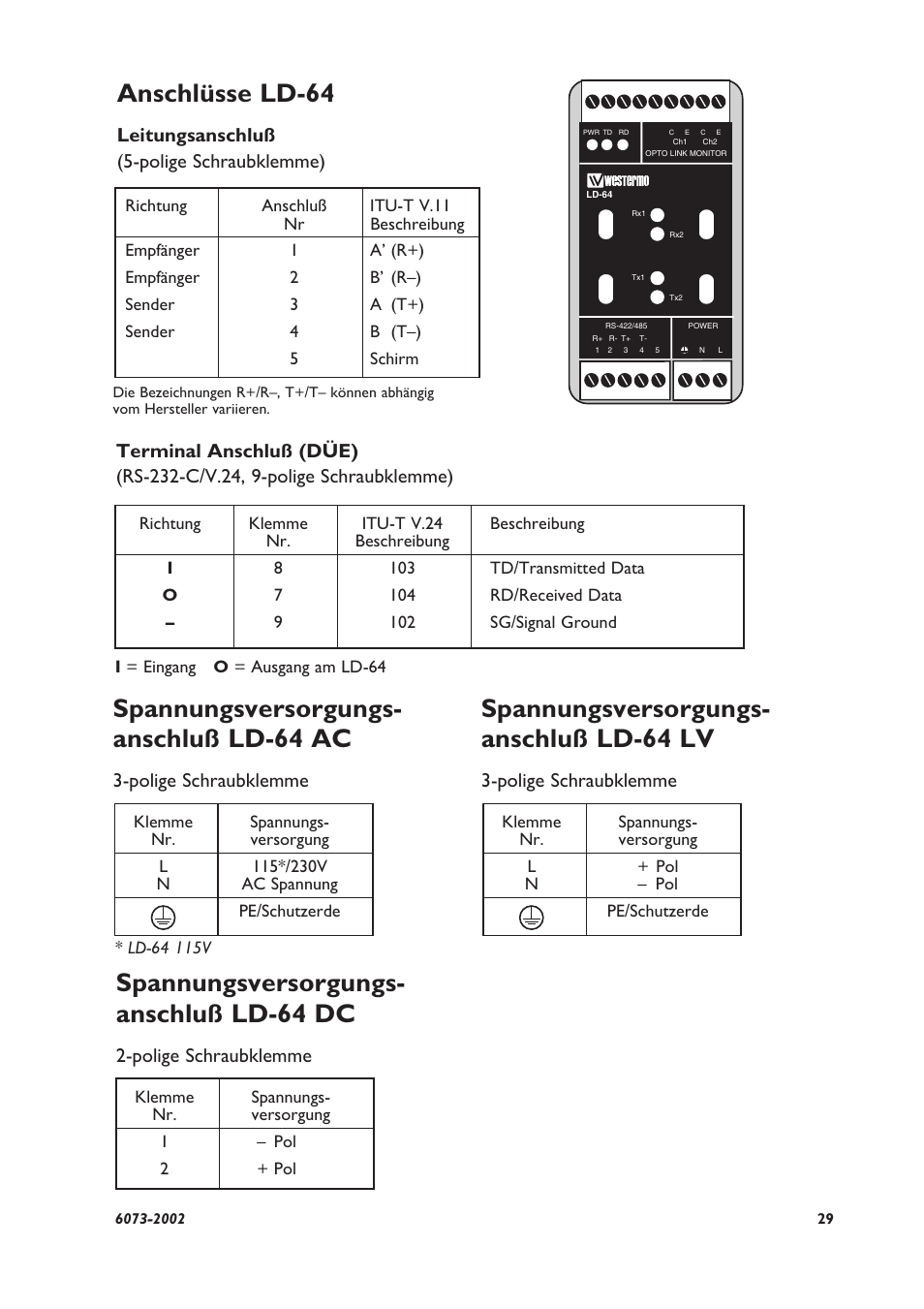 Anschlüsse ld-64, Spannungsversorgungs- anschluß ld-64 dc, Spannungsversorgungs- anschluß ld-64 ac | Spannungsversorgungs- anschluß ld-64 lv, Polige schraubklemme | Westermo LD-64 User Manual | Page 29 / 42