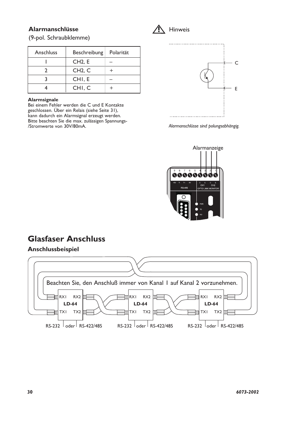 Glasfaser anschluss, Alarmanschlüsse (9-pol. schraubklemme), Hinweis | Westermo LD-64 User Manual | Page 30 / 42