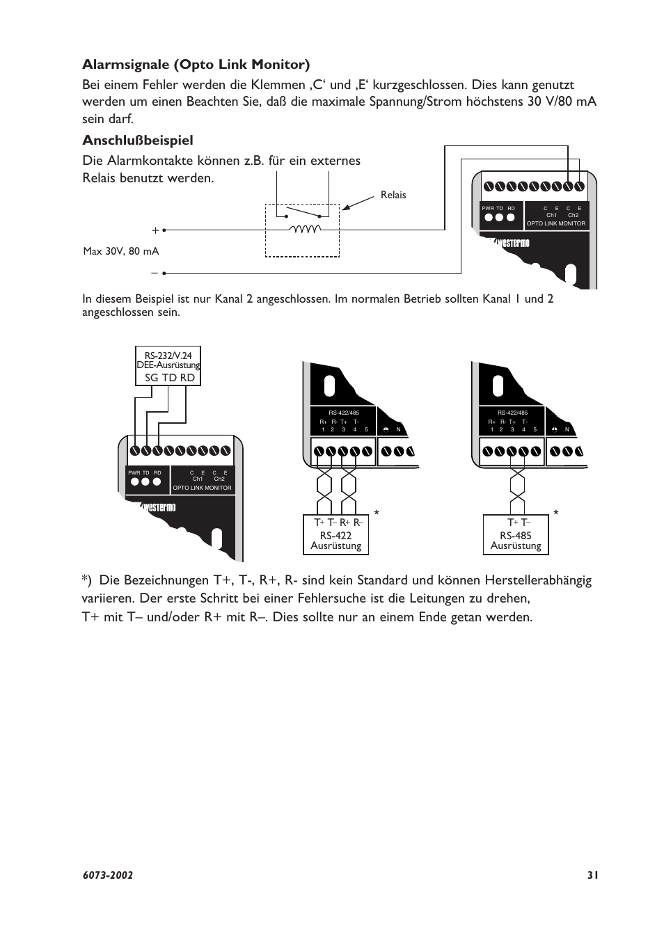 Sg td rd, Max 30v, 80 ma relais, Rs-422 ausrüstung r | Rs-485 ausrüstung t | Westermo LD-64 User Manual | Page 31 / 42