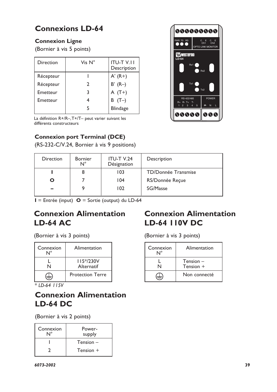 Connexions ld-64, Connexion alimentation ld-64 dc, Connexion alimentation ld-64 ac | Bornier à vis 2 points), Bornier à vis 3 points) | Westermo LD-64 User Manual | Page 39 / 42