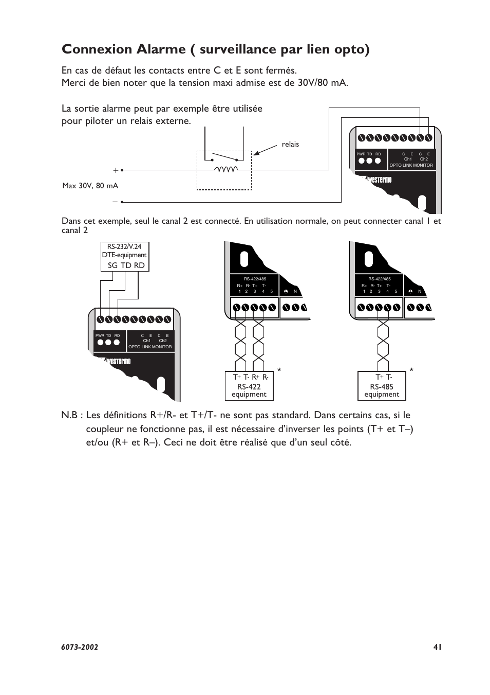 Connexion alarme ( surveillance par lien opto), Rs-422 equipment r, Sg td rd t | Rs-485 equipment t, Max 30v, 80 ma relais | Westermo LD-64 User Manual | Page 41 / 42