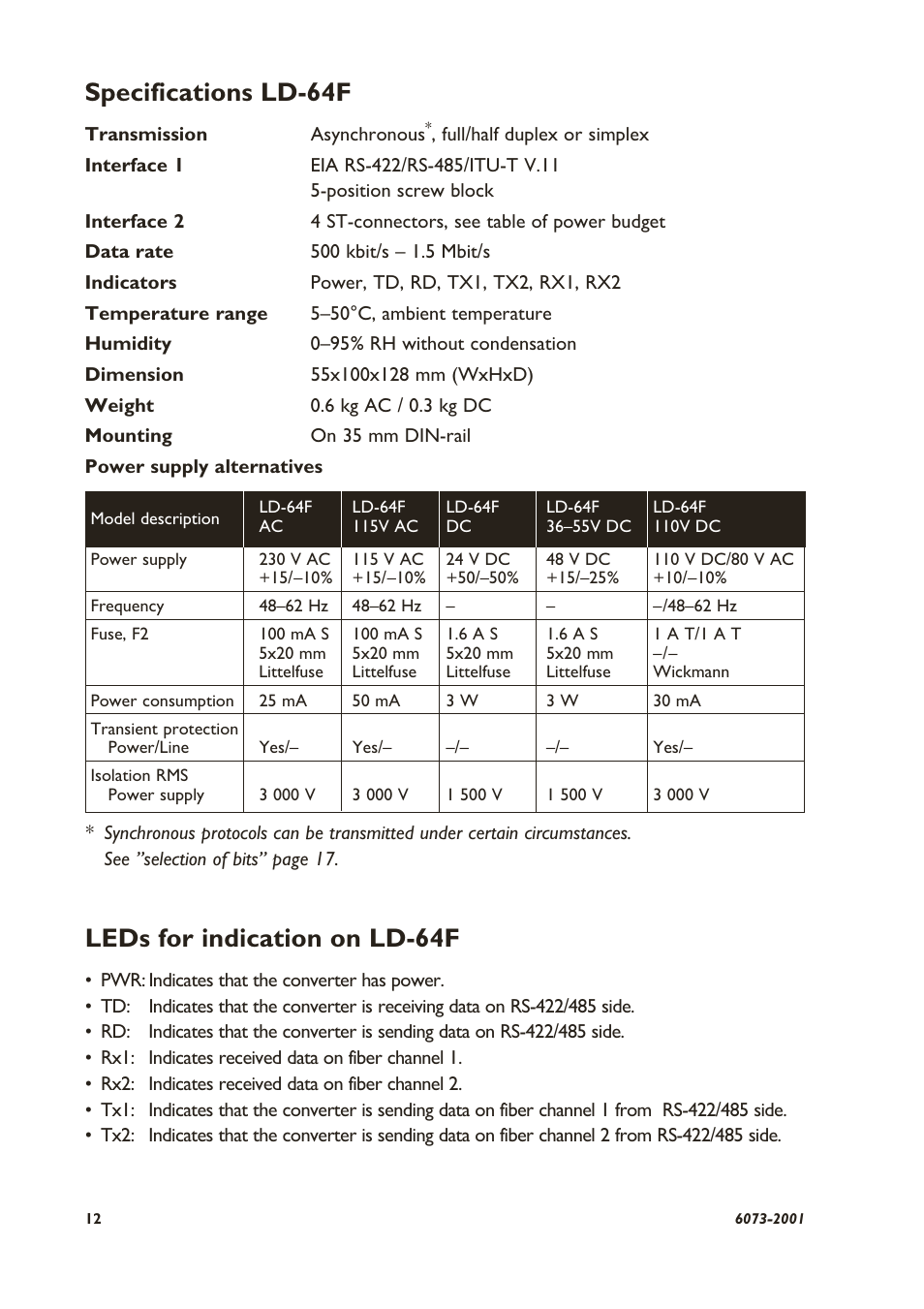 Leds for indication on ld-64f, Specifications ld-64f | Westermo LD-64F User Manual | Page 2 / 12