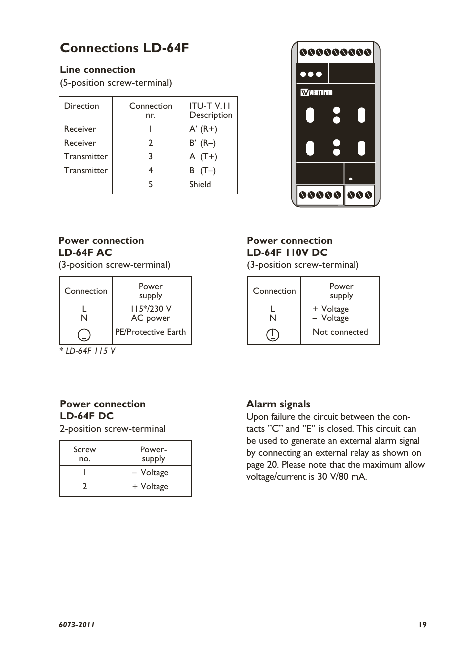 Connections ld-64f, Line connection (5-position screw-terminal) | Westermo LD-64F User Manual | Page 9 / 12