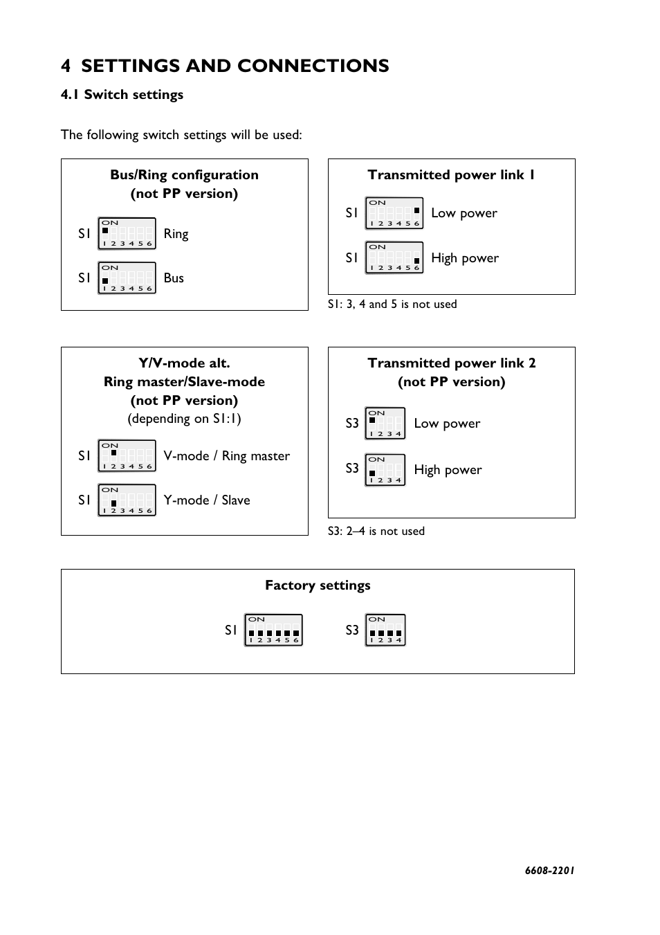 4 settings and connections, S1 ring factory settings, S1 bus transmitted power link 1 | S1 low power, S1 v-mode / ring master, S1 y-mode / slave | Westermo LR-01 User Manual | Page 16 / 20