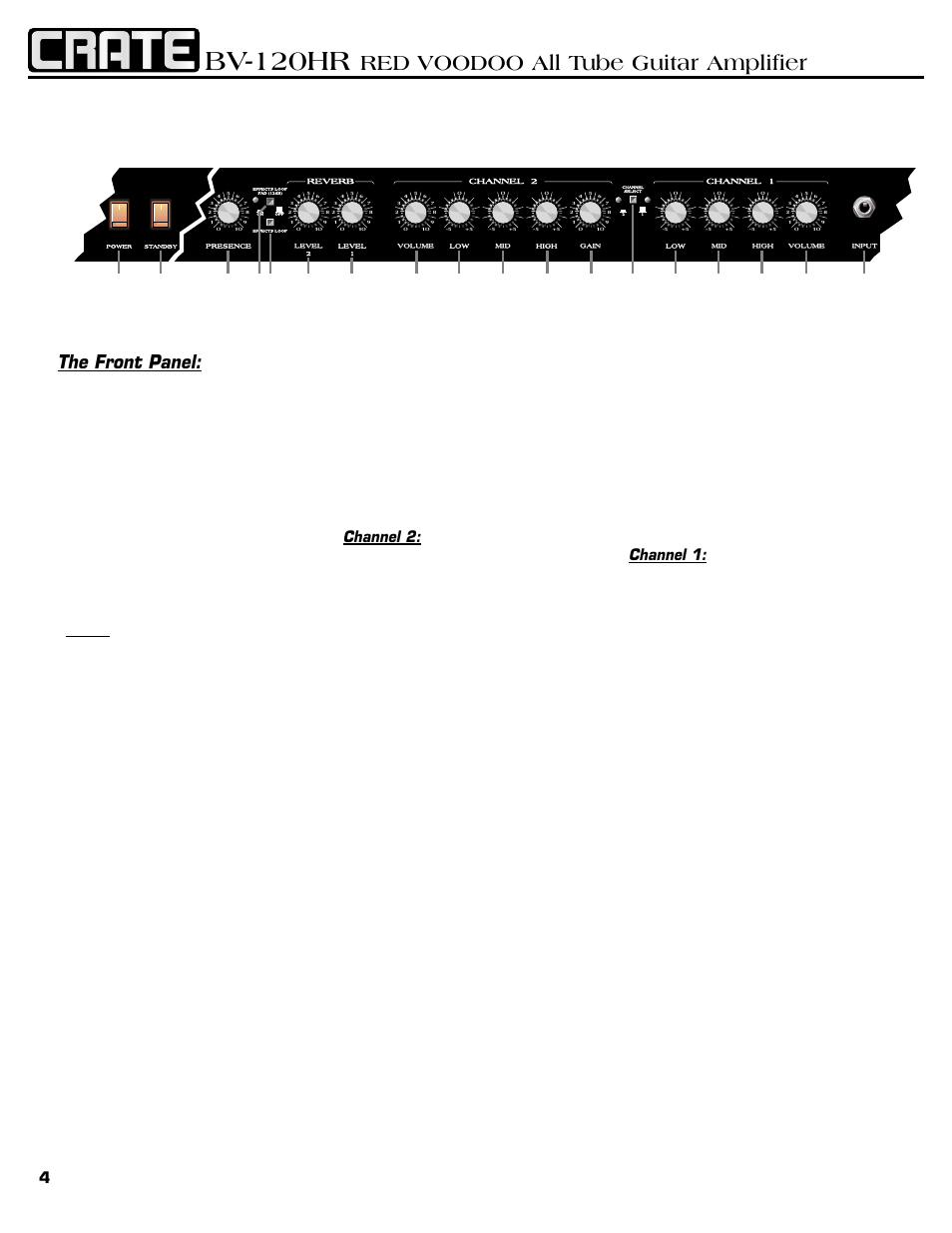 Bv-120hr, Red voodoo all tube guitar amplifier, The front panel | Crate Amplifiers RED VOODOO BV-120HR User Manual | Page 4 / 8