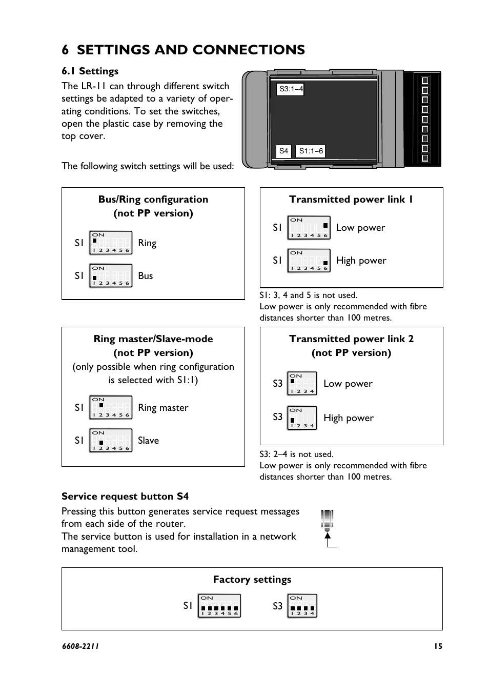 6 settings and connections, S1 ring factory settings, S1 bus transmitted power link 1 | S1 low power, S1 ring master, S1 slave | Westermo LR-11 User Manual | Page 15 / 20