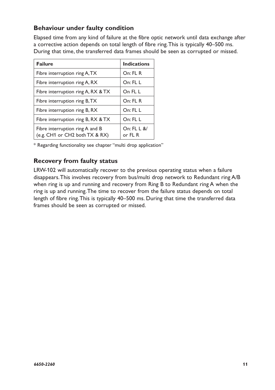 Behaviour under faulty condition, Recovery from faulty status | Westermo LRW-102 User Manual | Page 11 / 28