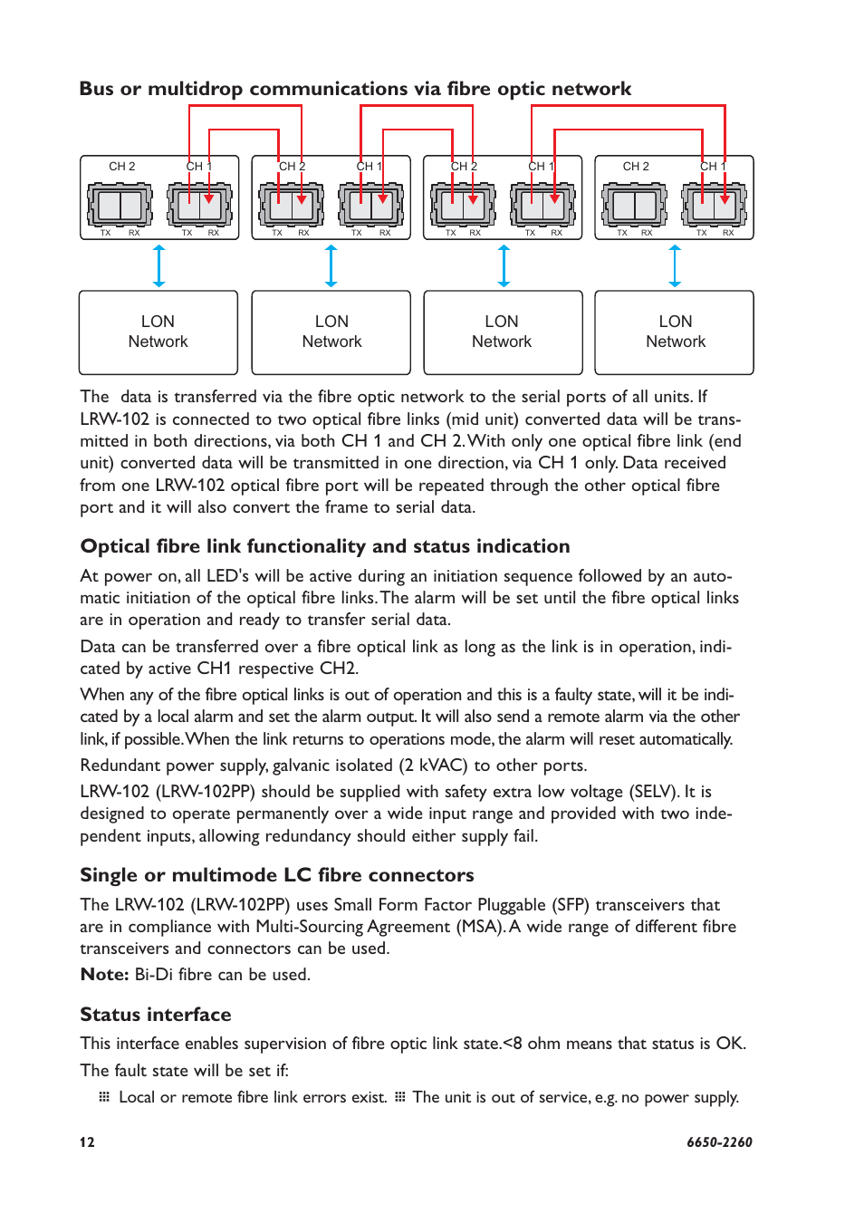 Single or multimode lc fibre connectors, Status interface | Westermo LRW-102 User Manual | Page 12 / 28