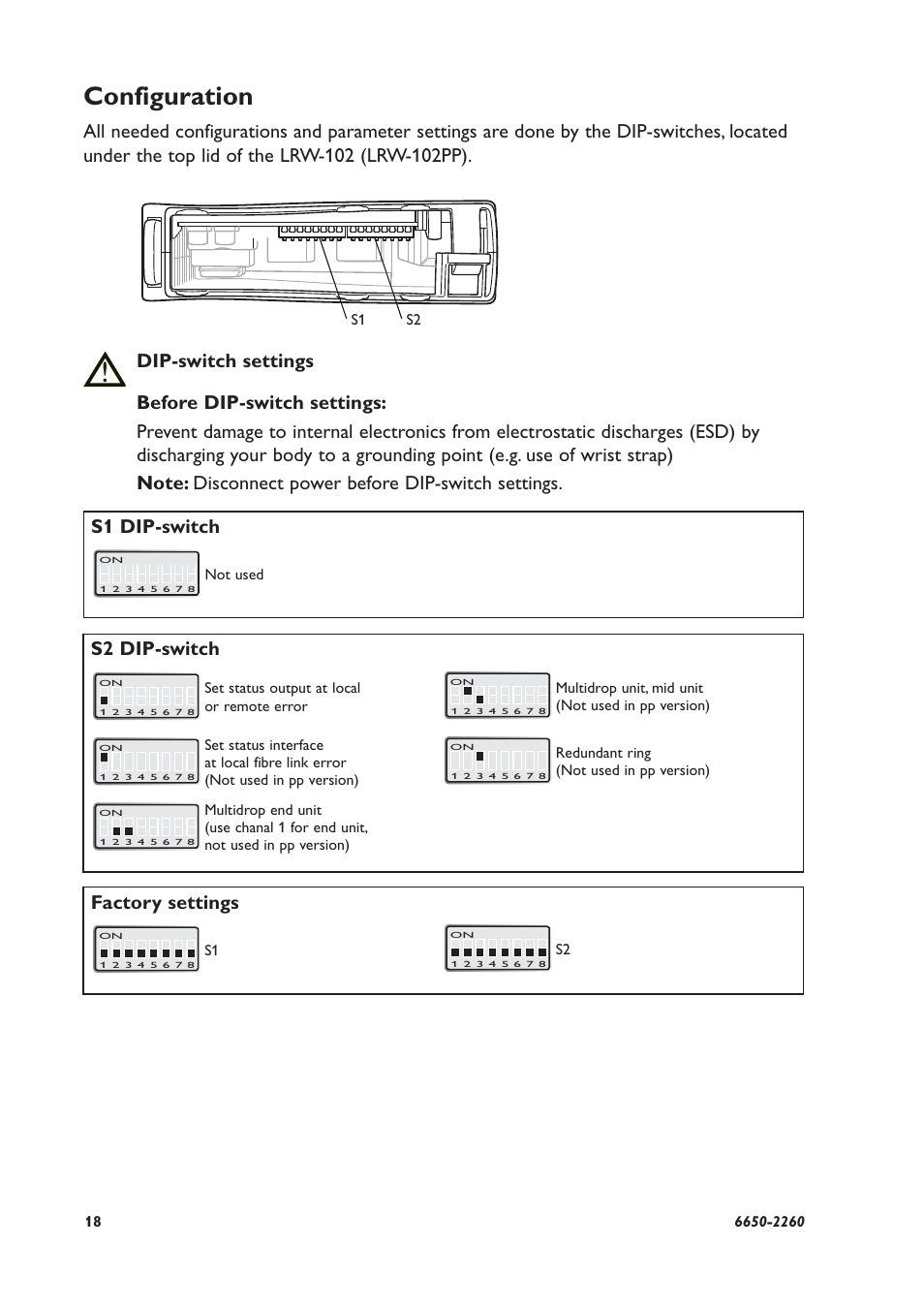 Configuration, S1 dip-switch, S2 dip-switch factory settings | Westermo LRW-102 User Manual | Page 18 / 28