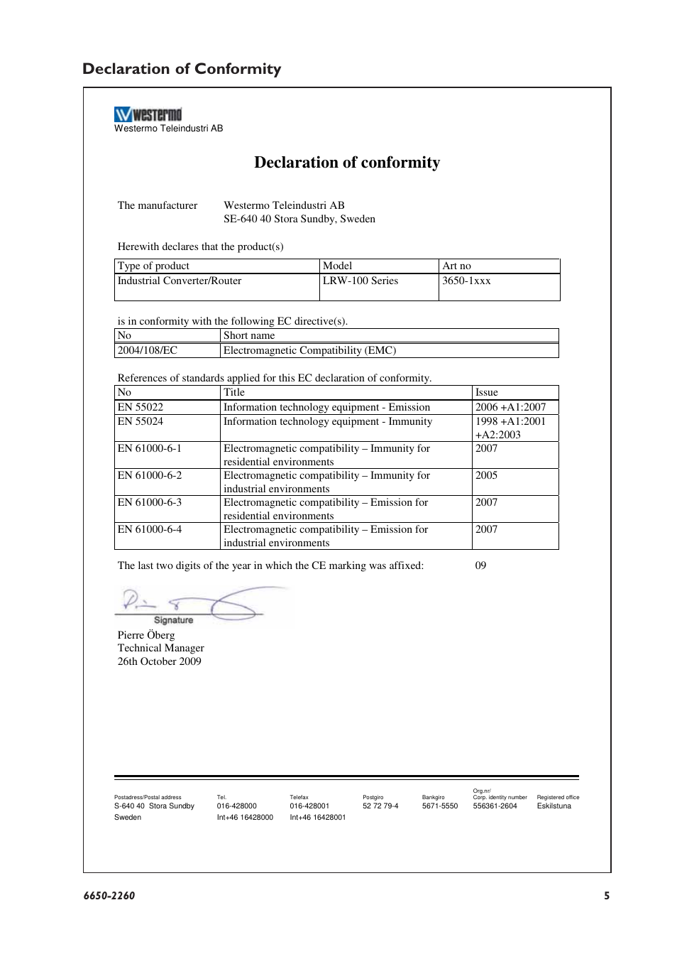 Declaration of conformity | Westermo LRW-102 User Manual | Page 5 / 28