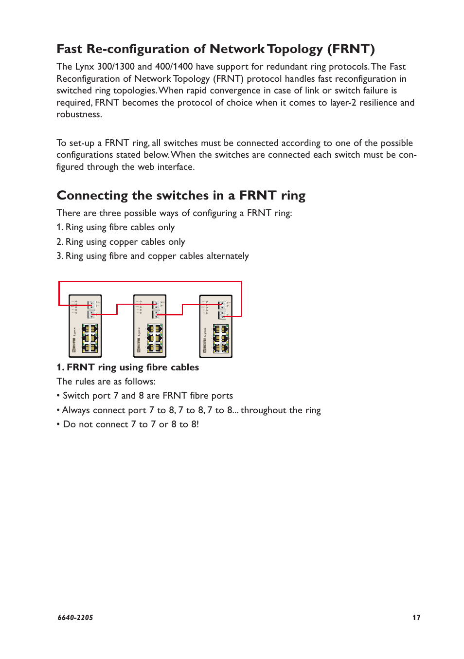 Fast re-configuration of network topology (frnt), Connecting the switches in a frnt ring | Westermo Lynx 100 User Manual | Page 17 / 24