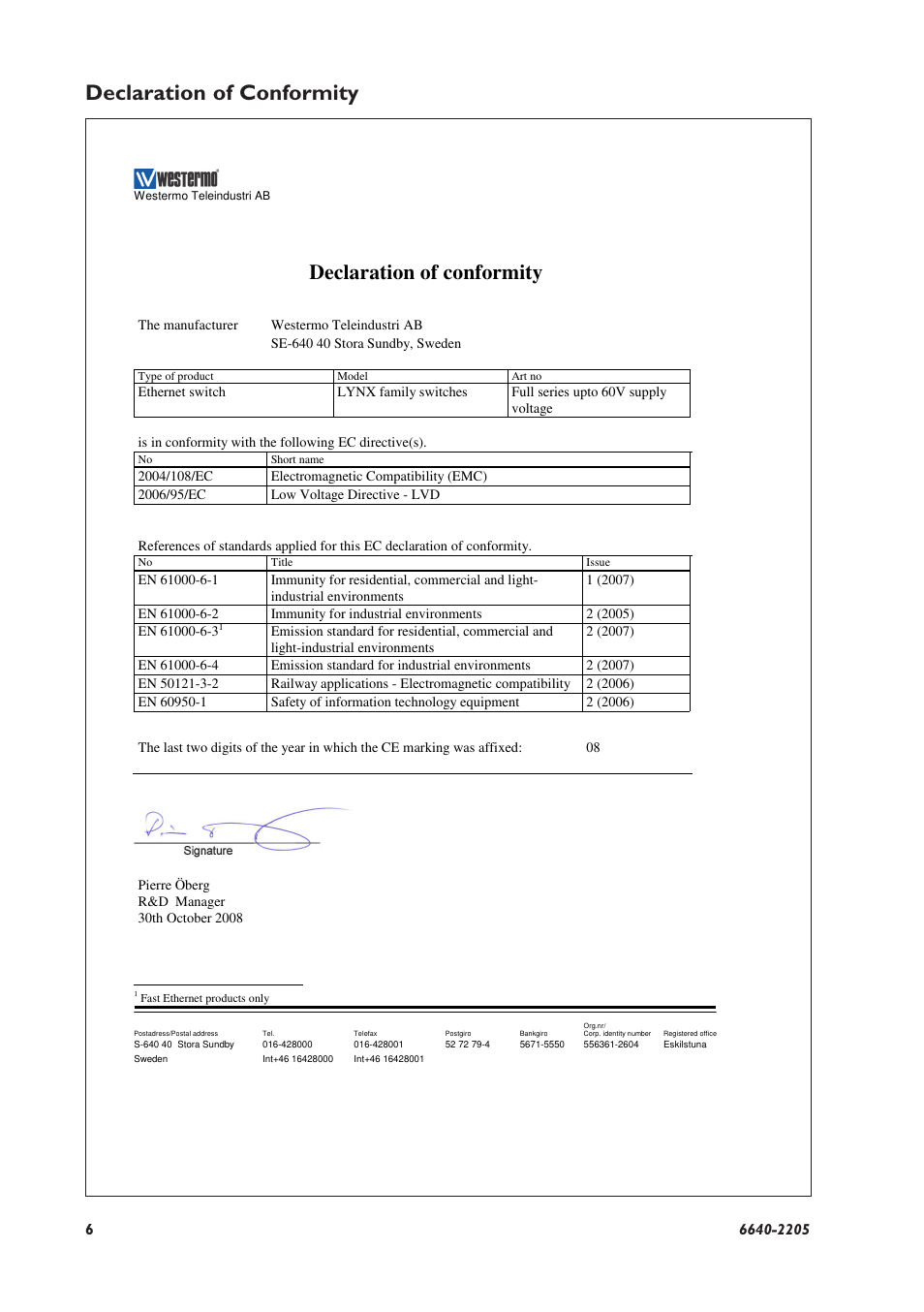 Declaration of conformity | Westermo Lynx 100 User Manual | Page 6 / 24