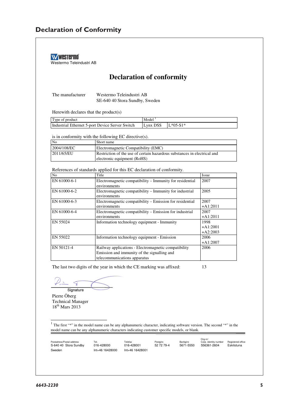 Declaration of conformity | Westermo Lynx-x05-S1 User Manual | Page 5 / 20