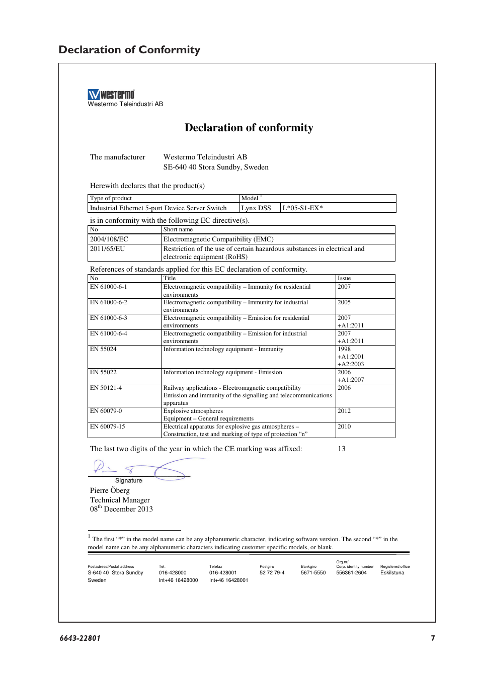 Declaration of conformity | Westermo Lynx-x05-S1-EX User Manual | Page 7 / 24