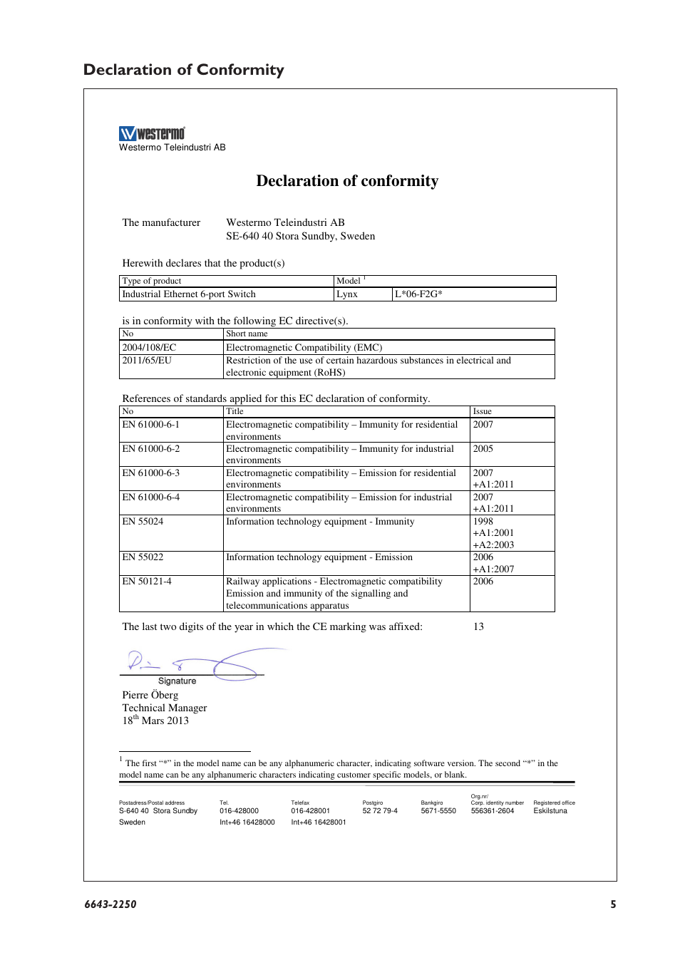 Declaration of conformity | Westermo Lynx-x06-F2G User Manual | Page 5 / 16