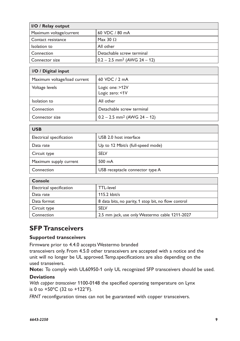 Sfp transceivers | Westermo Lynx-x06-F2G User Manual | Page 9 / 16