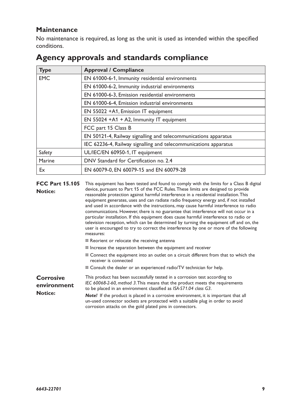 Agency approvals and standards compliance, Maintenance | Westermo Lynx-x08-F2G-S2-EX User Manual | Page 9 / 24