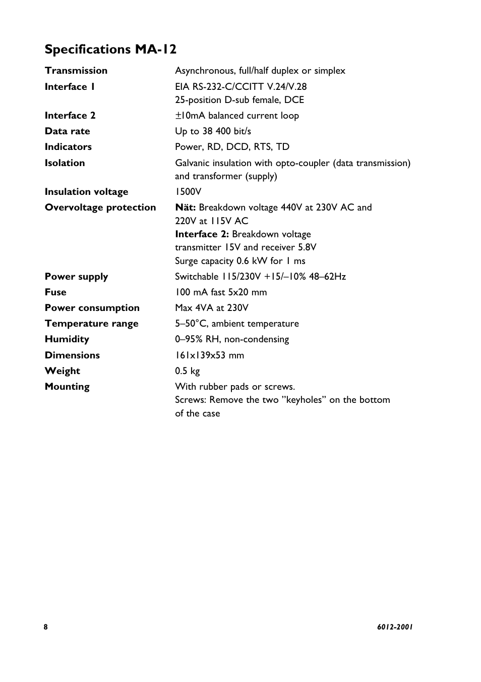 Specifications ma-12 | Westermo MA-12 User Manual | Page 2 / 8