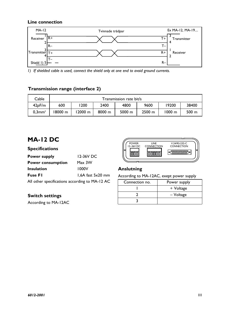 Ma-12 dc, Anslutning, Specifications switch settings | Transmission range (interface 2), Line connection | Westermo MA-12 User Manual | Page 5 / 8
