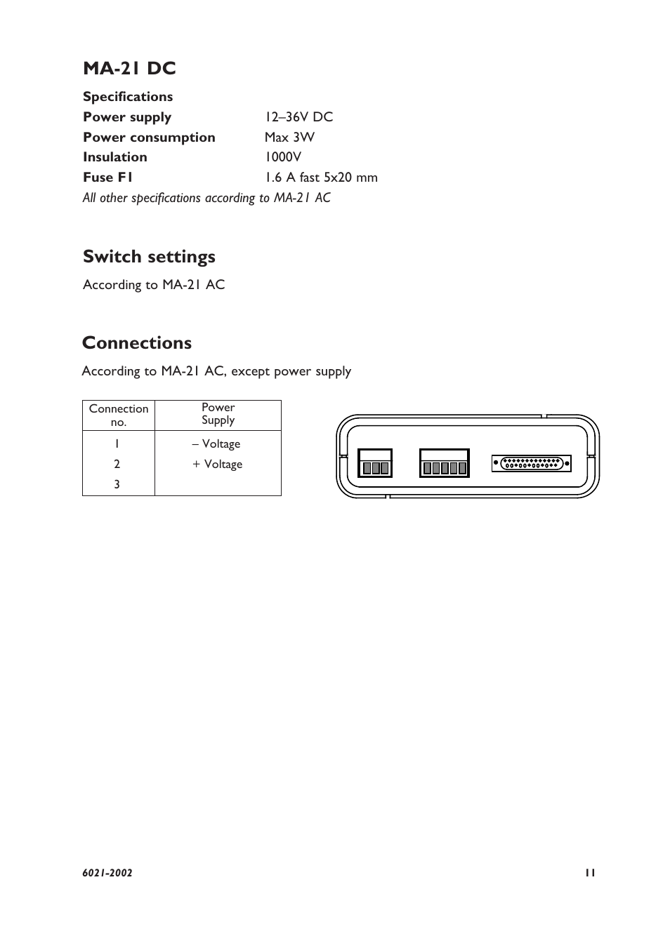 Ma-21 dc, Switch settings, Connections | Westermo MA-21 User Manual | Page 5 / 8