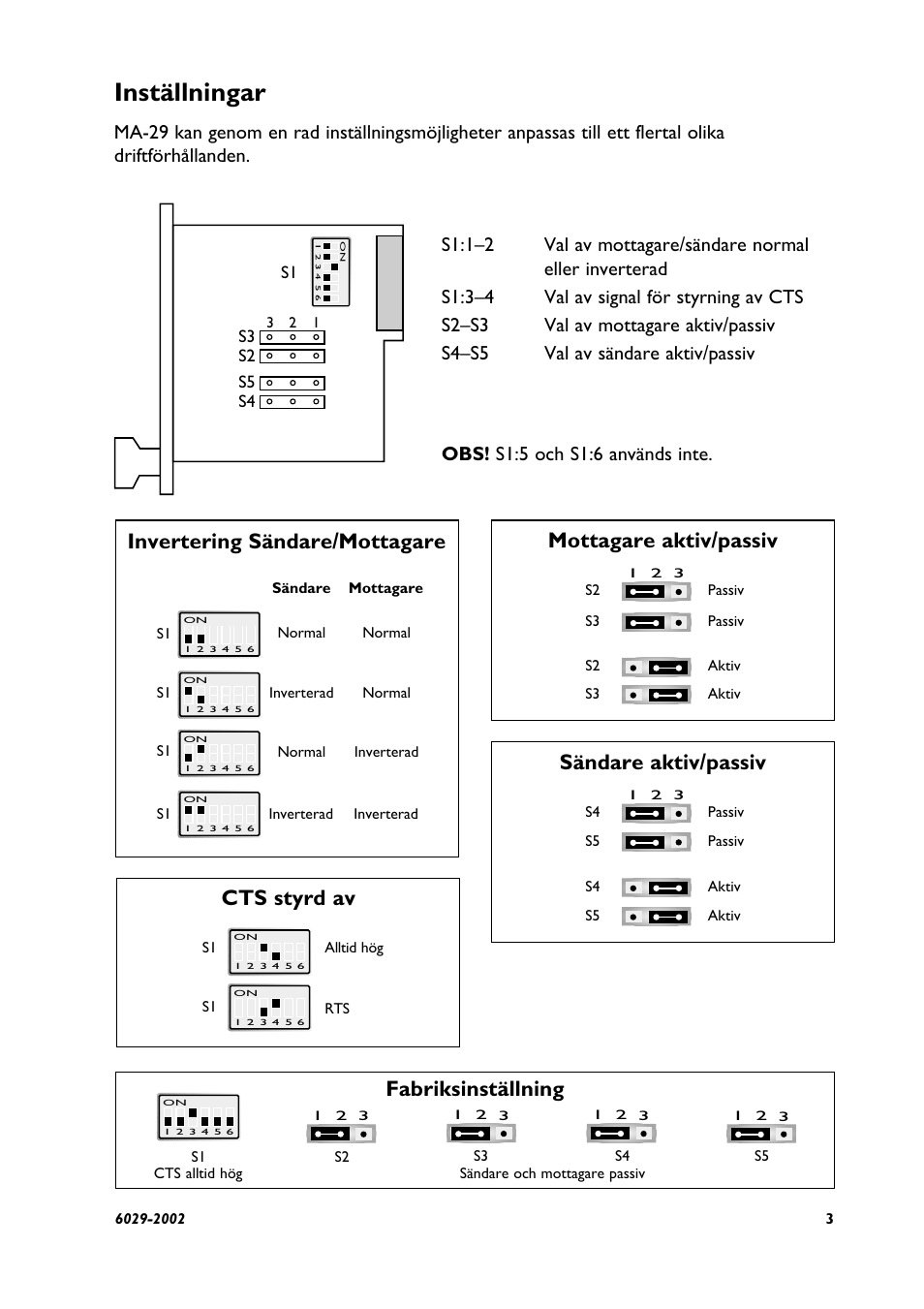 Inställningar, Cts styrd av, Sändare aktiv/passiv | Westermo MA-29 User Manual | Page 3 / 28