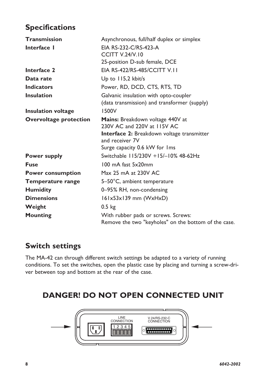 Specifications, Danger! do not open connected unit switch settings | Westermo MA-42 User Manual | Page 2 / 8