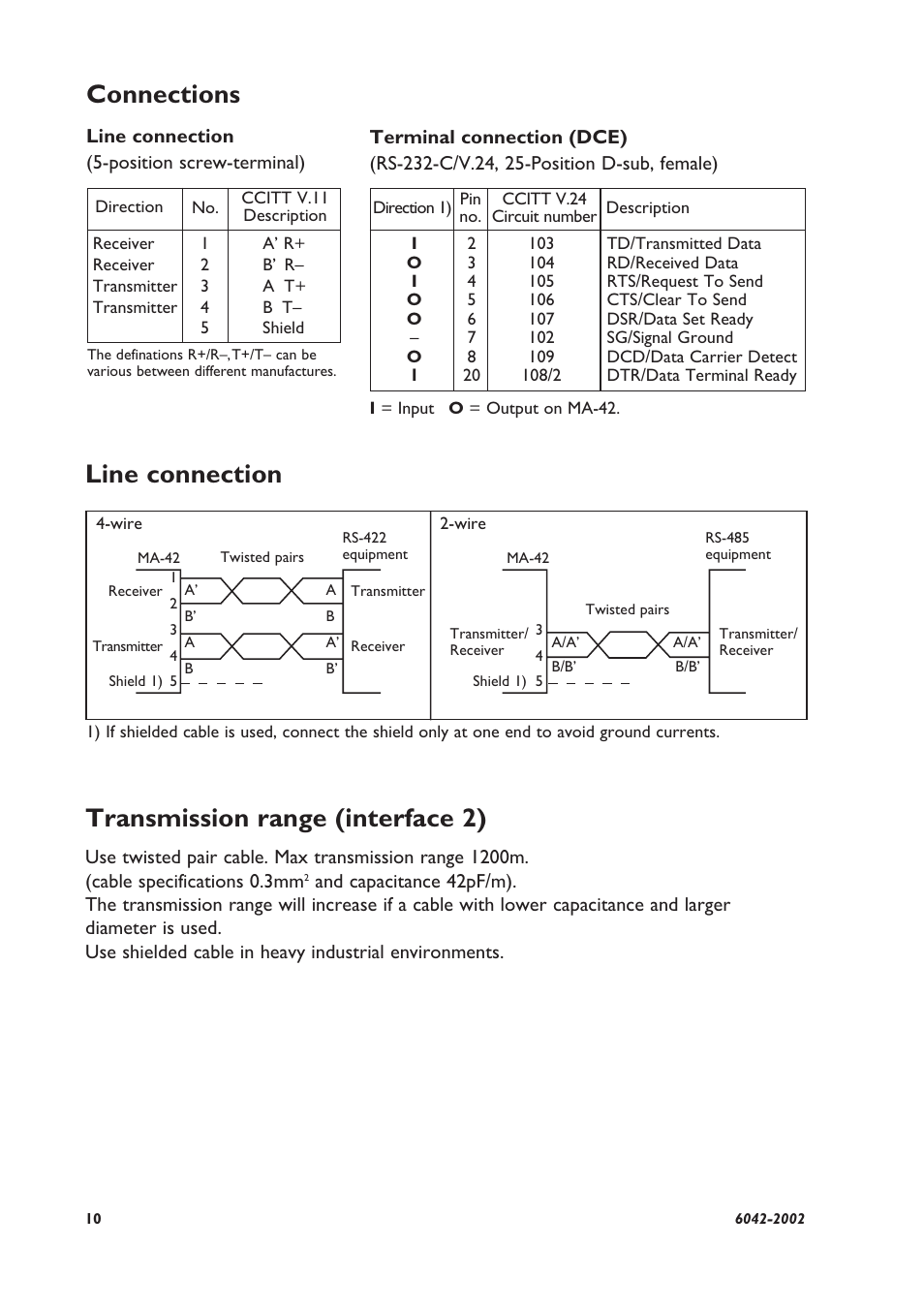 Connections, Line connection, Transmission range (interface 2) | Westermo MA-42 User Manual | Page 4 / 8