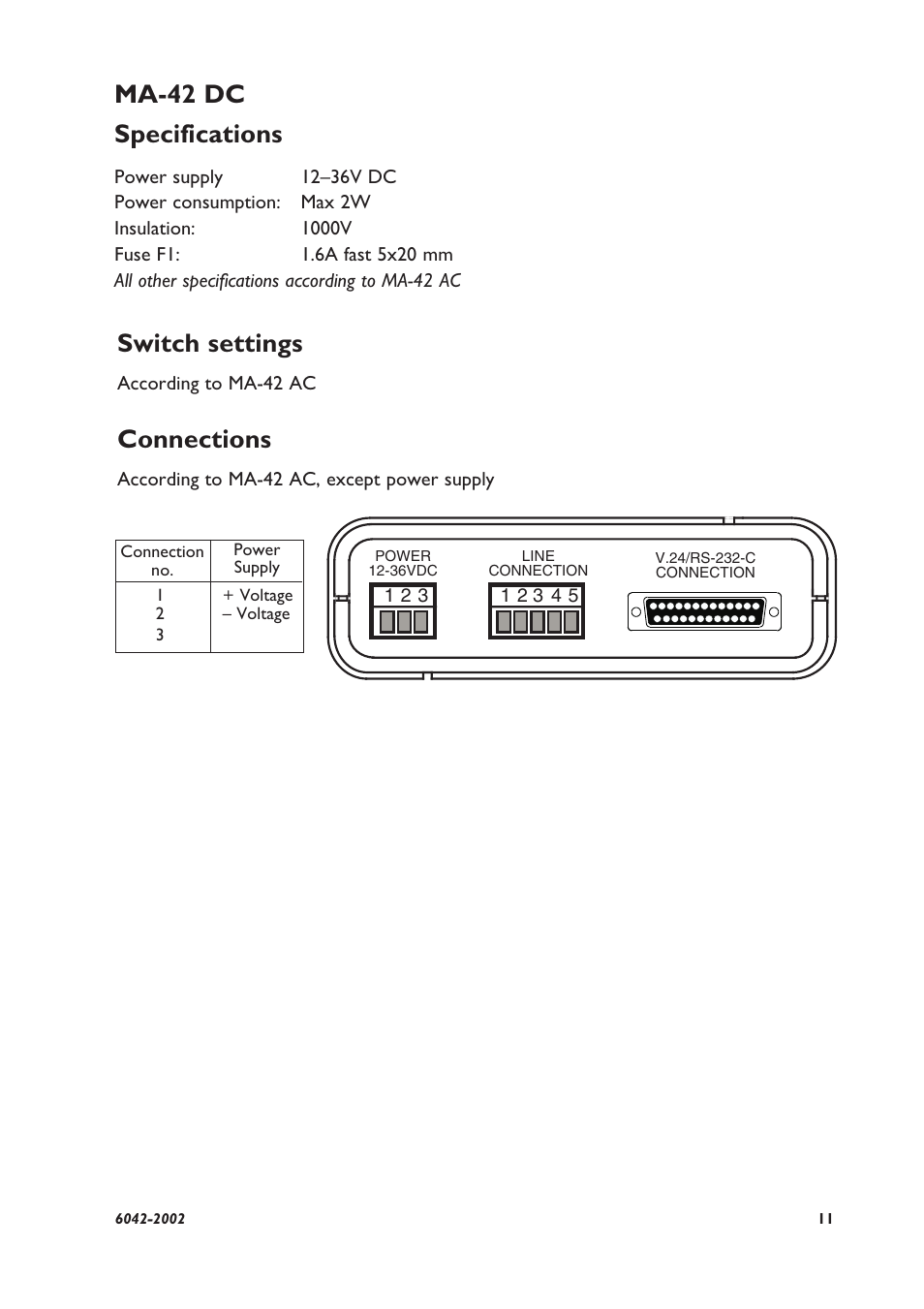 Ma-42 dc specifications, Switch settings, Connections | Westermo MA-42 User Manual | Page 5 / 8