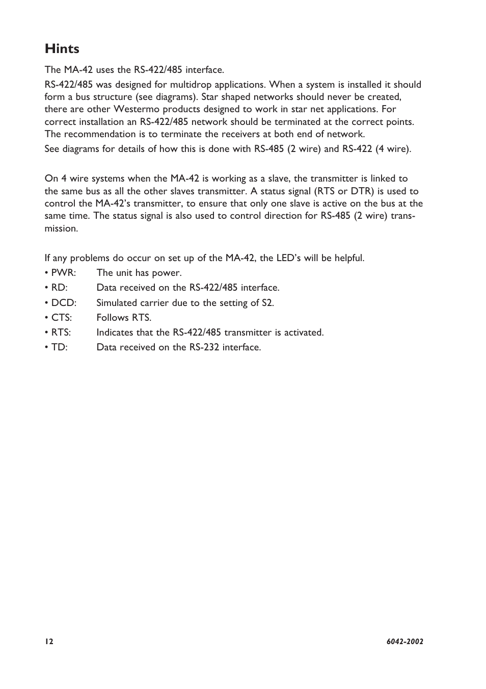 Hints | Westermo MA-42 User Manual | Page 6 / 8