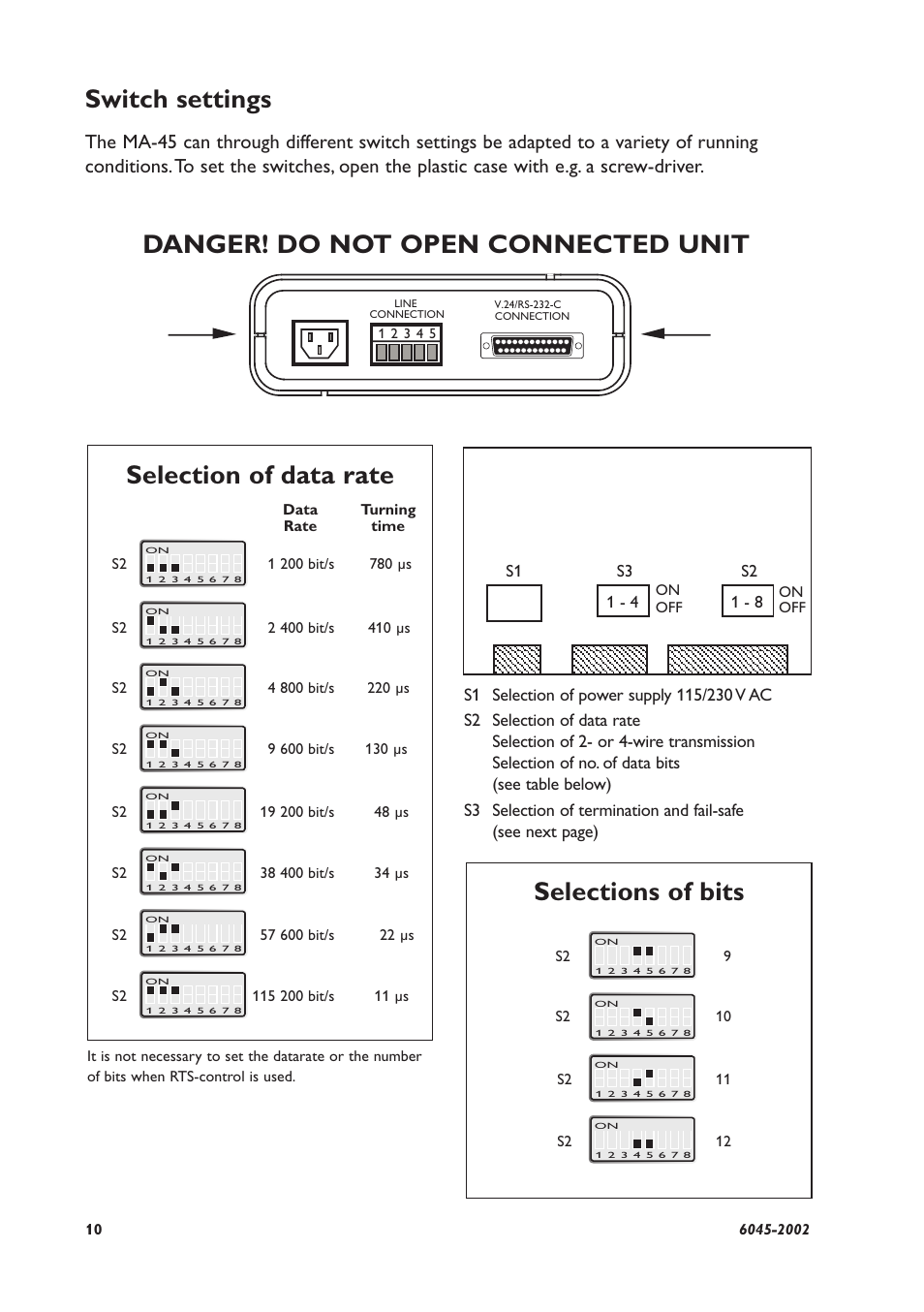 Selections of bits, Danger! do not open connected unit, Switch settings | Selection of data rate | Westermo MA-45 User Manual | Page 10 / 28