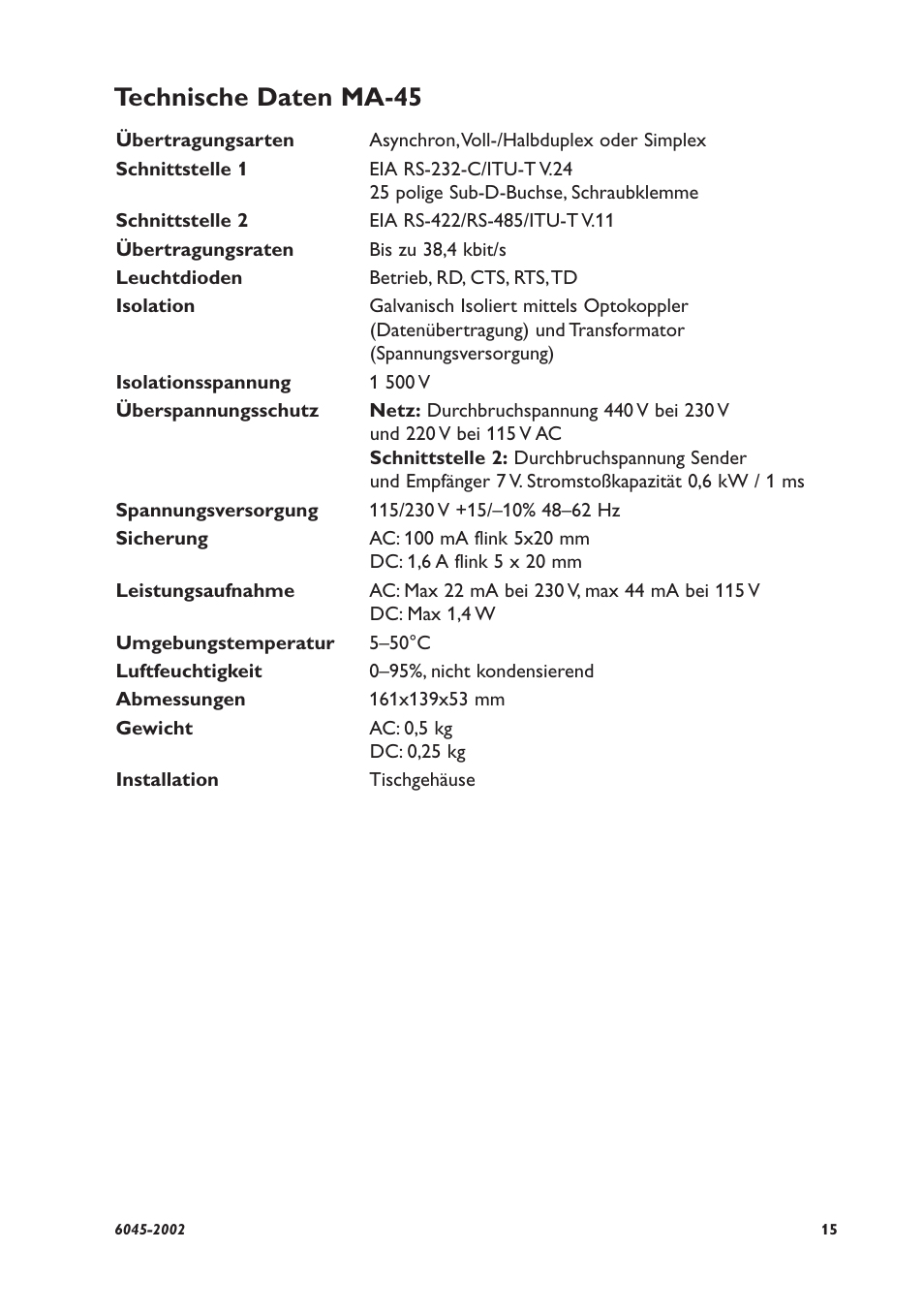 Technische daten ma-45 | Westermo MA-45 User Manual | Page 15 / 28