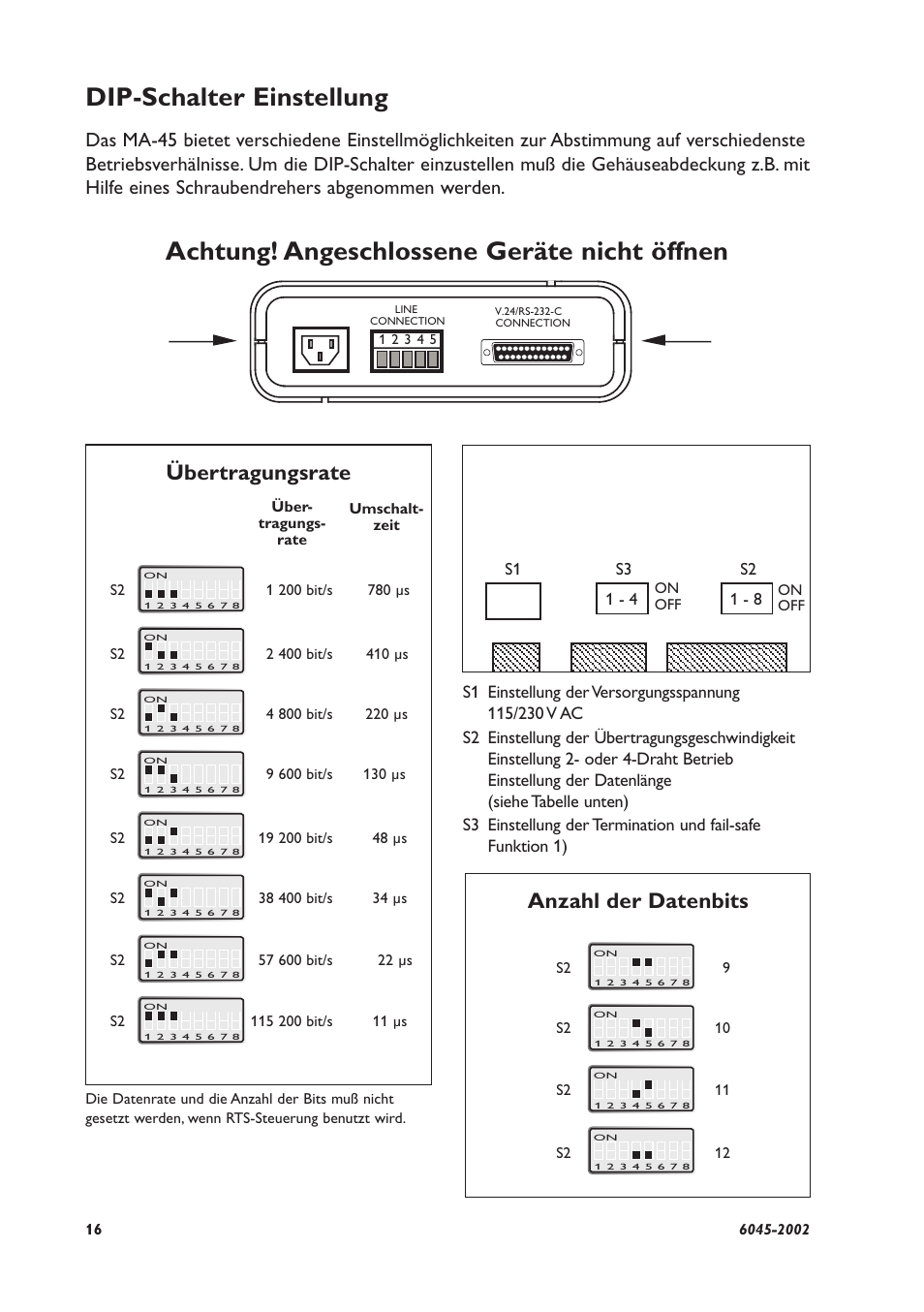 Achtung! angeschlossene geräte nicht öffnen, Dip-schalter einstellung, Anzahl der datenbits | Übertragungsrate | Westermo MA-45 User Manual | Page 16 / 28