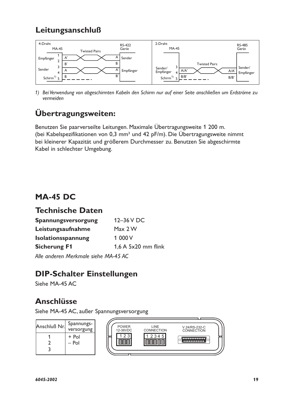 Leitungsanschluß übertragungsweiten, Ma-45 dc technische daten, Dip-schalter einstellungen | Anschlüsse, Siehe ma-45 ac, Siehe ma-45 ac, außer spannungsversorgung | Westermo MA-45 User Manual | Page 19 / 28