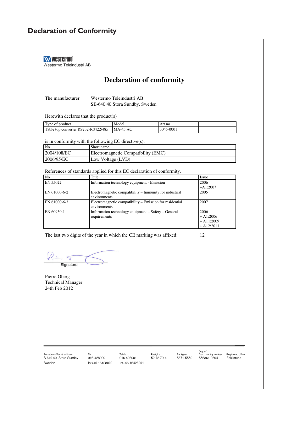 Declaration of conformity | Westermo MA-45 User Manual | Page 2 / 28