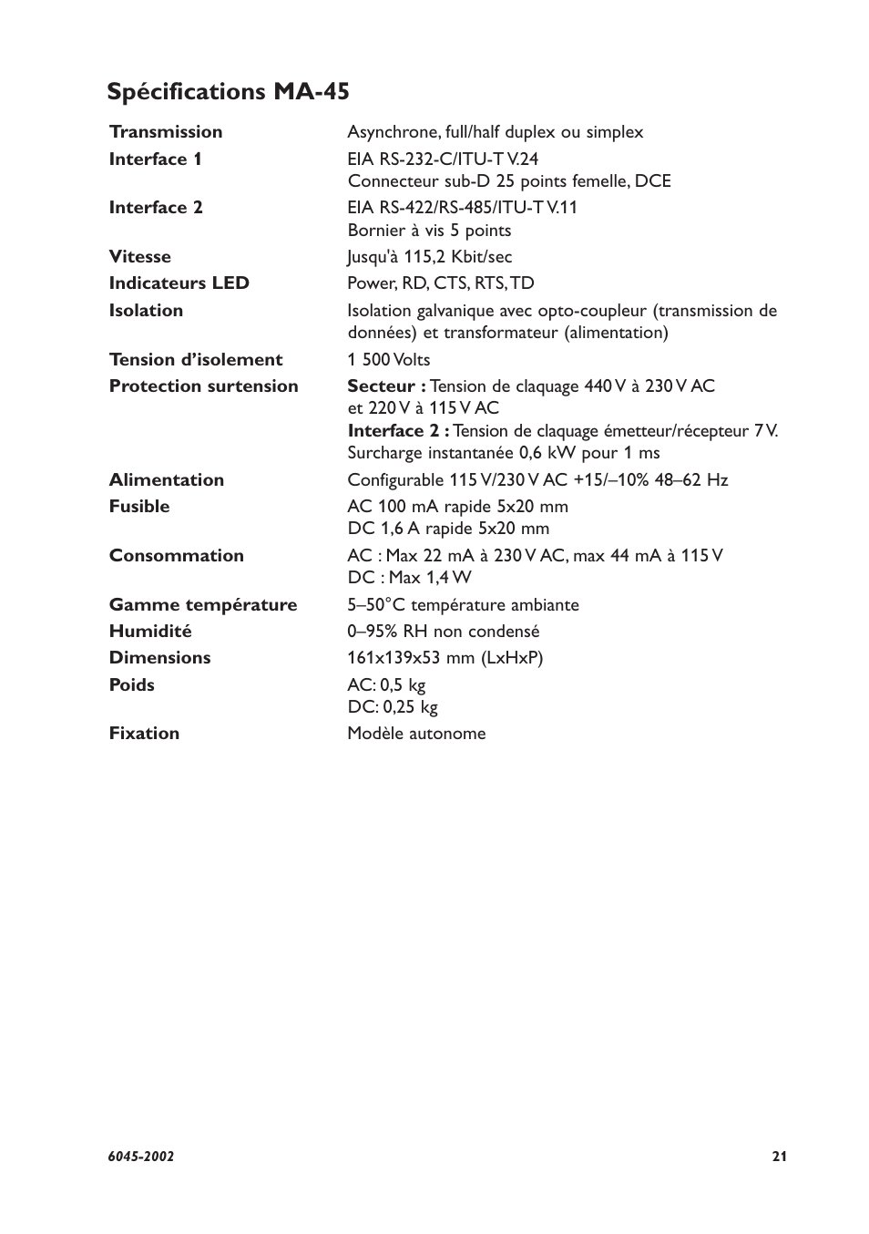 Spécifications ma-45 | Westermo MA-45 User Manual | Page 21 / 28