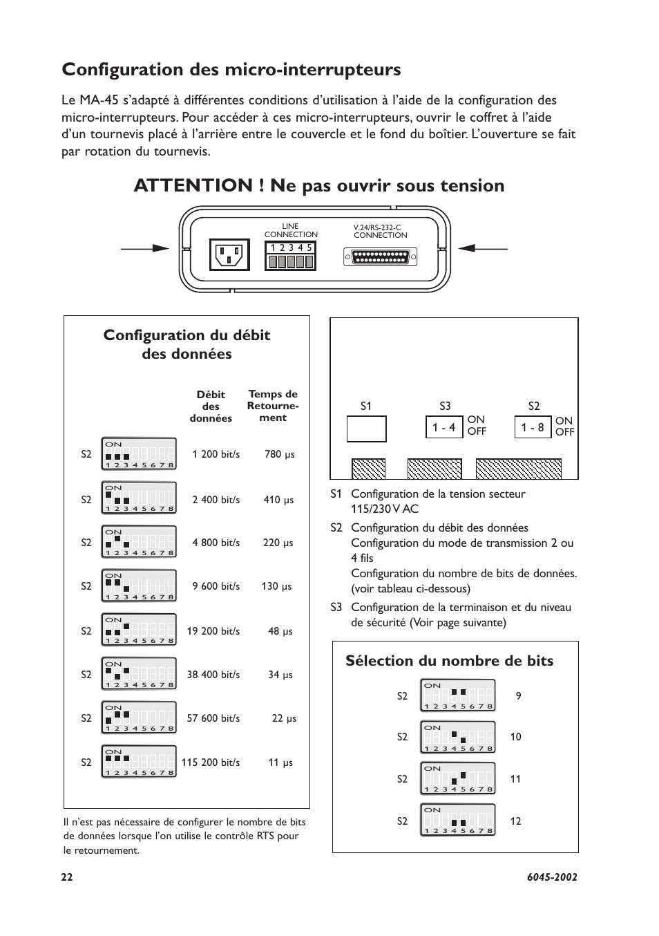 Attention ! ne pas ouvrir sous tension, Configuration des micro-interrupteurs, Sélection du nombre de bits | Configuration du débit des données | Westermo MA-45 User Manual | Page 22 / 28