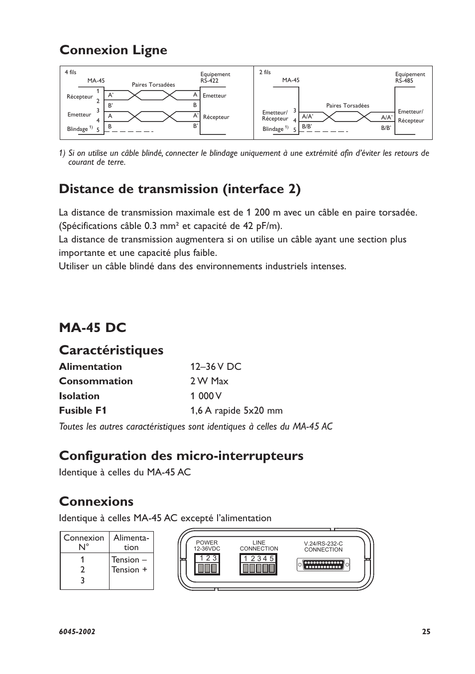 Ma-45 dc caractéristiques, Configuration des micro-interrupteurs, Connexions | Identique à celles du ma-45 ac, Identique à celles ma-45 ac excepté l’alimentation | Westermo MA-45 User Manual | Page 25 / 28