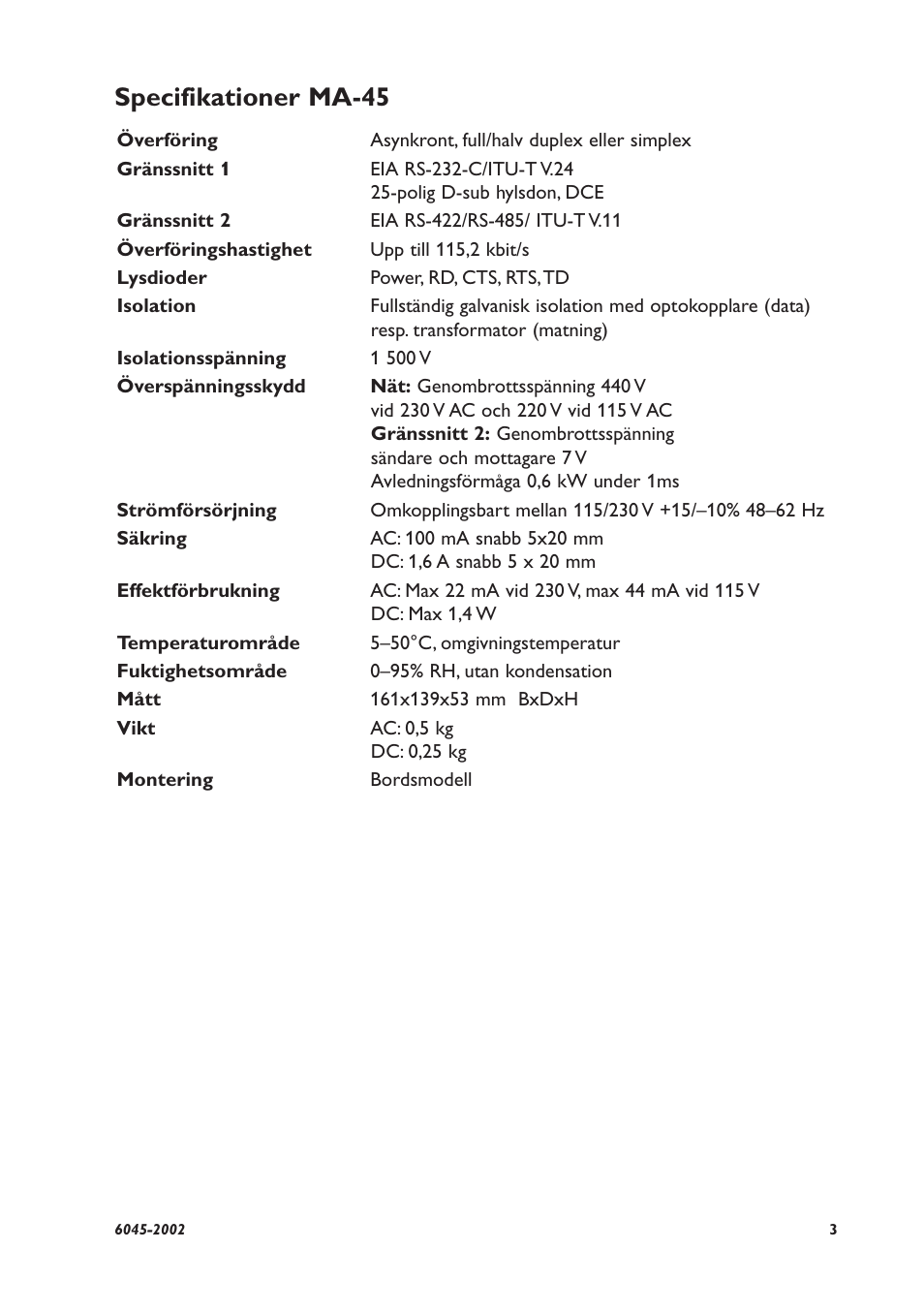 Specifikationer ma-45 | Westermo MA-45 User Manual | Page 3 / 28