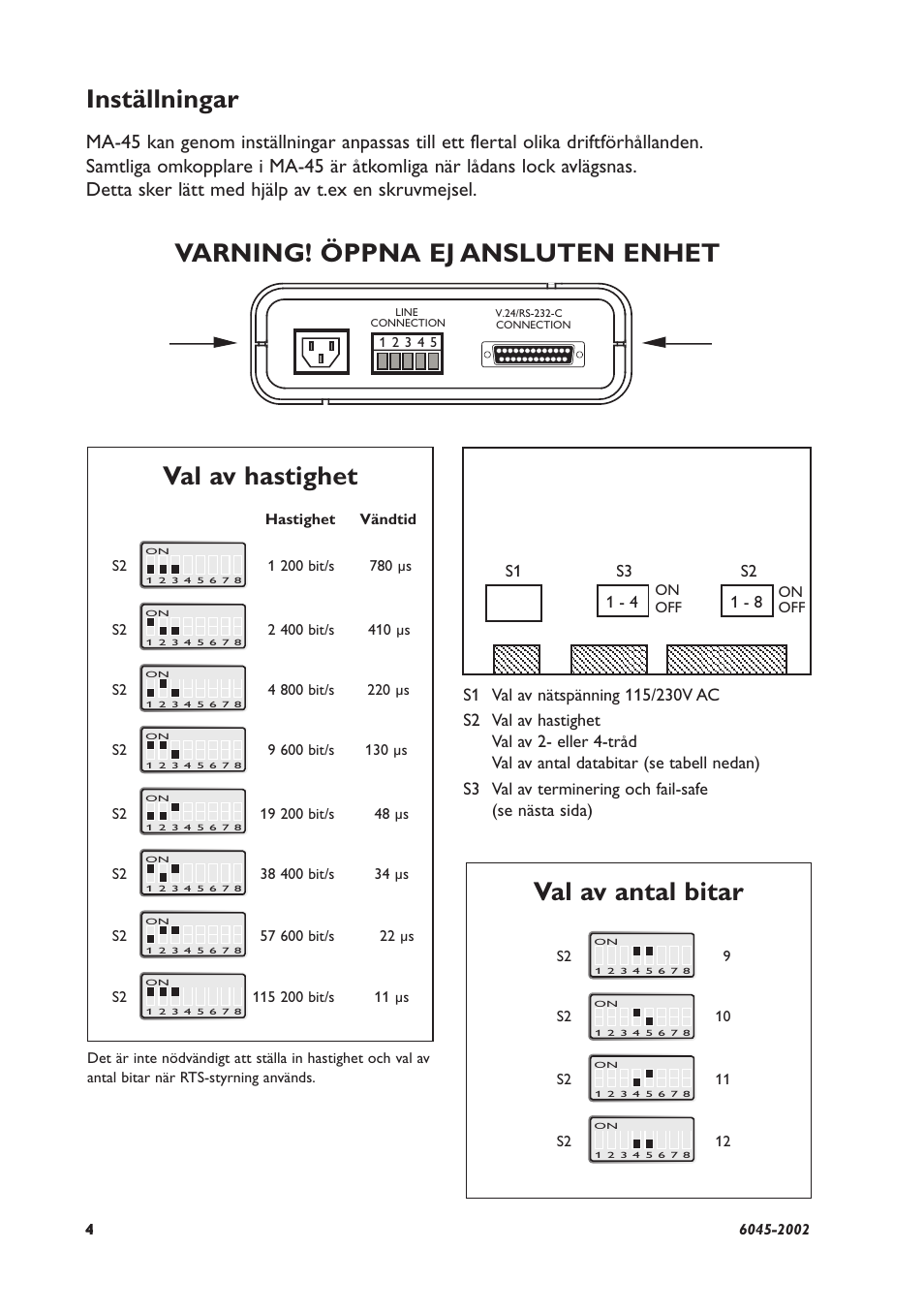 Val av hastighet val av antal bitar, Varning! öppna ej ansluten enhet, Inställningar | Westermo MA-45 User Manual | Page 4 / 28