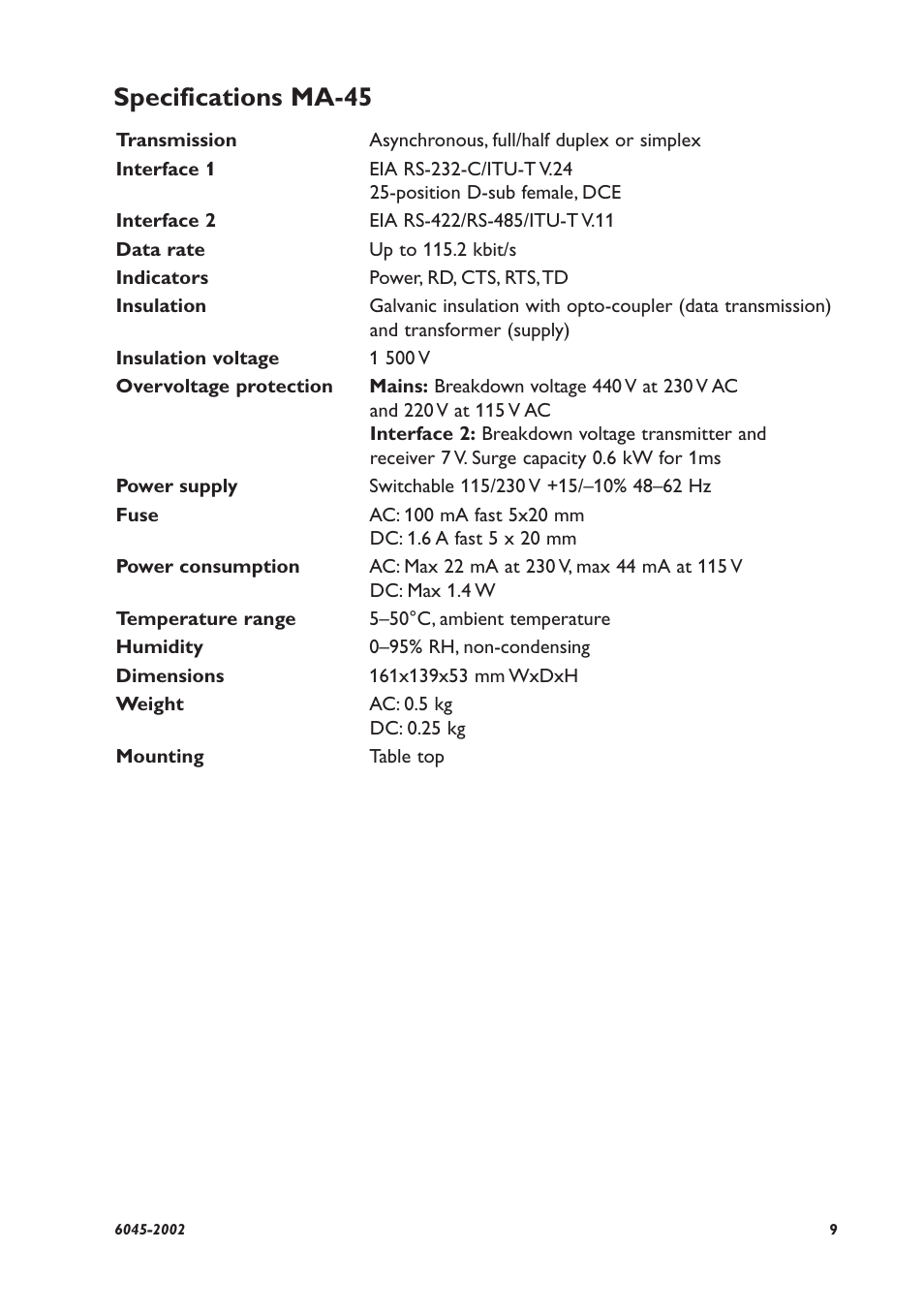 Specifications ma-45 | Westermo MA-45 User Manual | Page 9 / 28