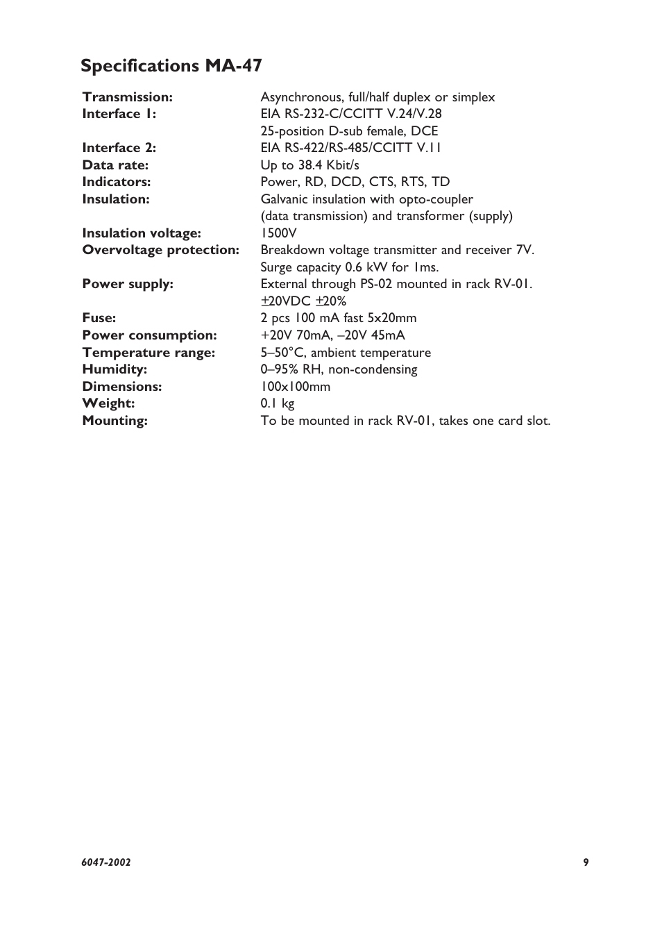 Specifications ma-47 | Westermo MA-47 User Manual | Page 2 / 7