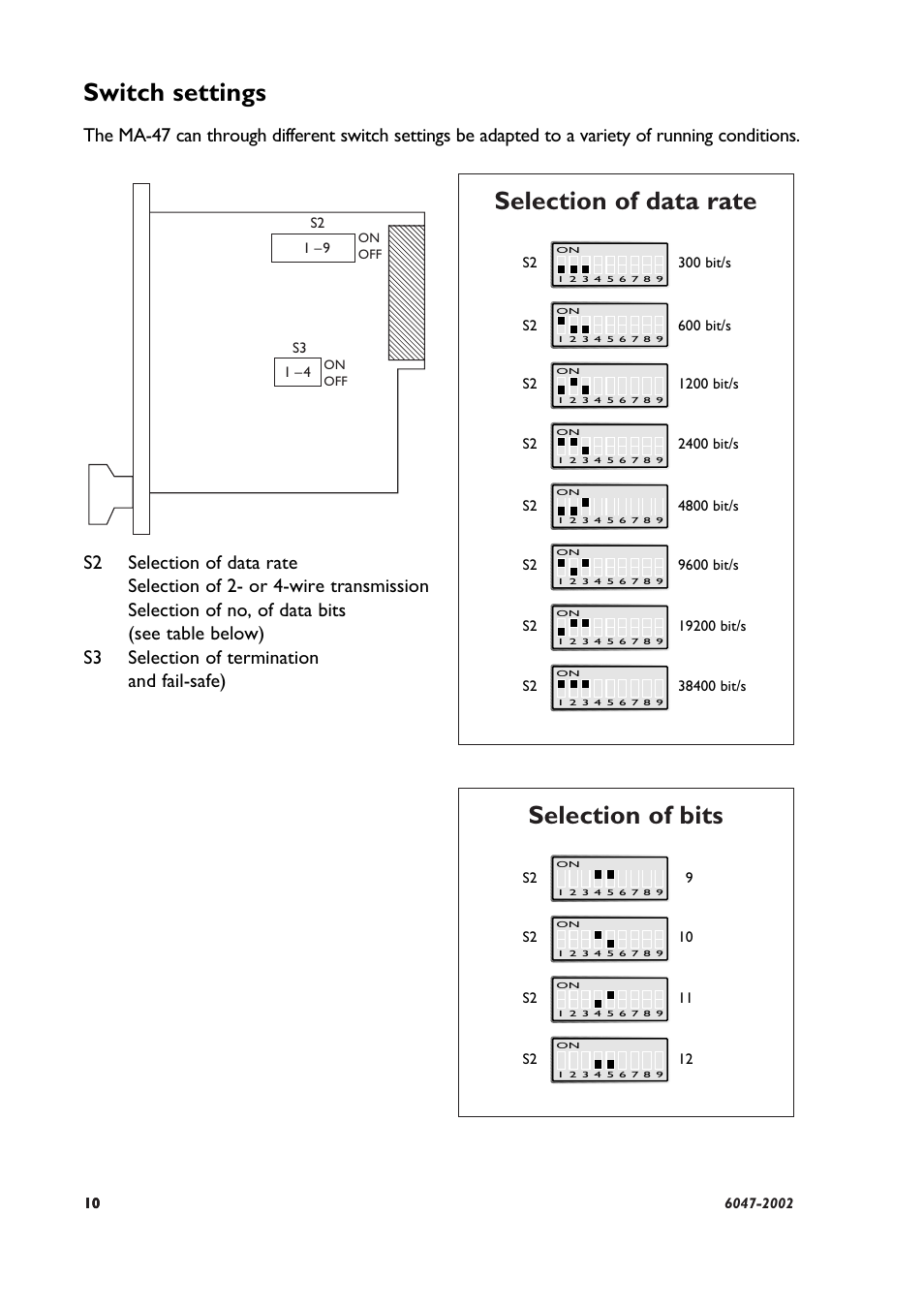 Selection of data rate selection of bits, Switch settings | Westermo MA-47 User Manual | Page 3 / 7
