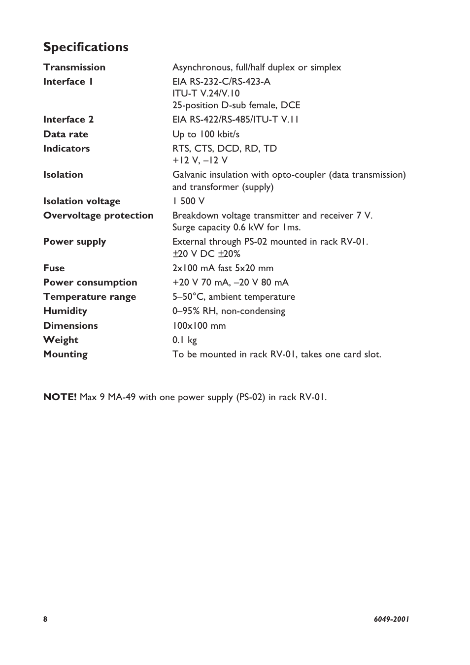 Specifications | Westermo MA-49 User Manual | Page 2 / 8