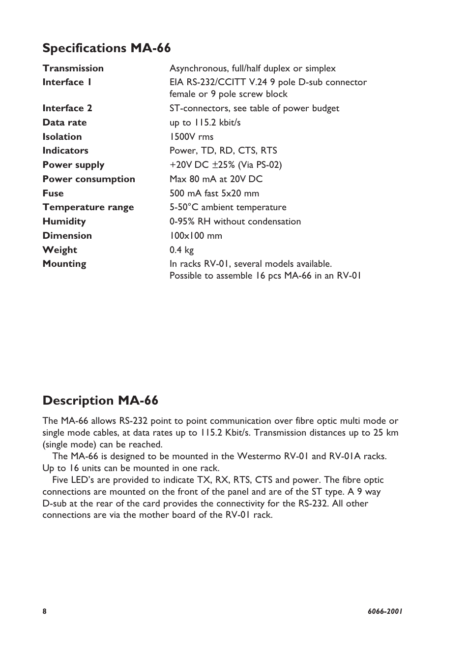 Specifications ma-66, Description ma-66 | Westermo MA-66 User Manual | Page 2 / 8