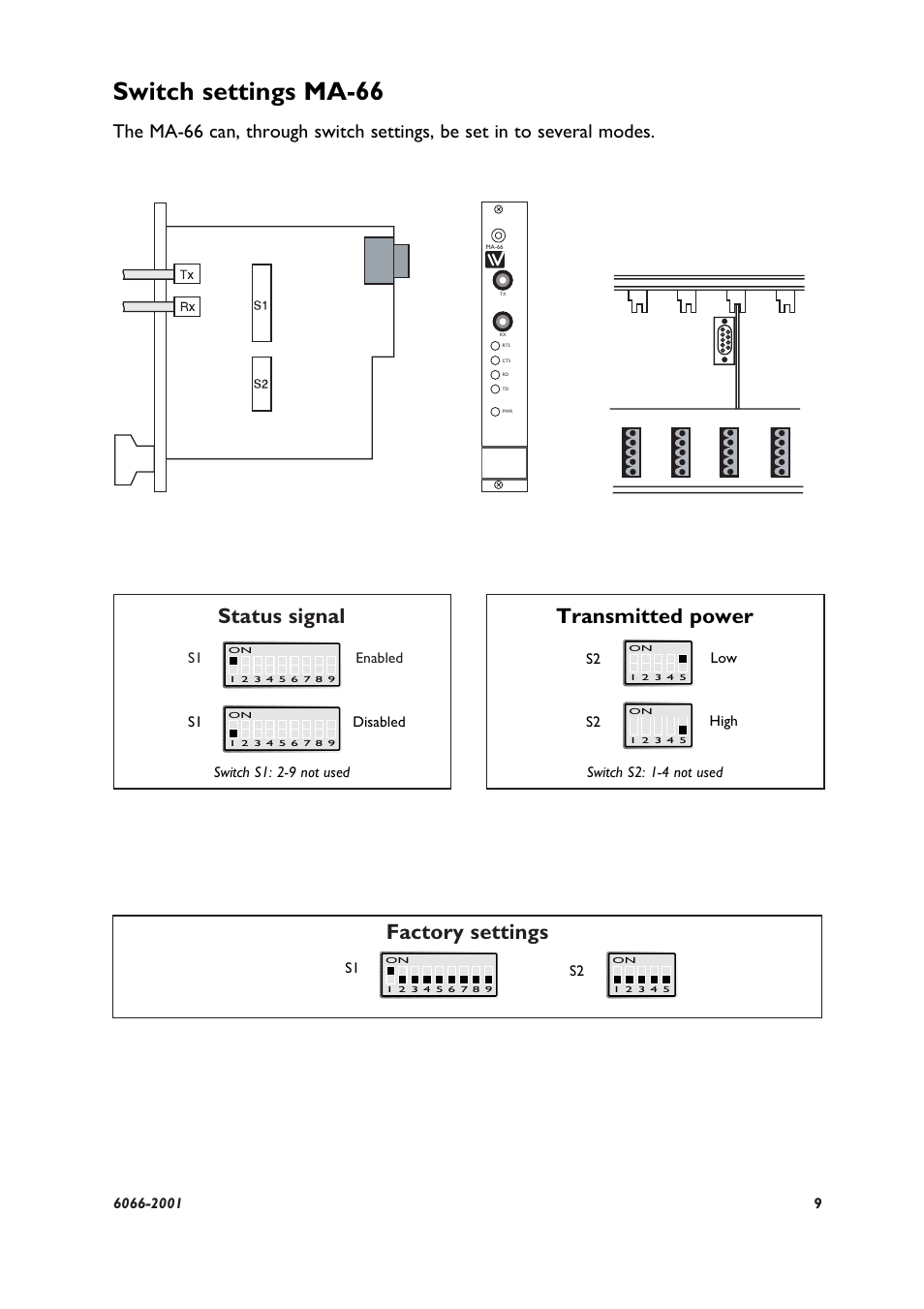 Switch settings ma-66, Status signal factory settings, Transmitted power | S1 enabled, S1 disabled, Switch s1: 2-9 not used, Low s2, High switch s2: 1-4 not used | Westermo MA-66 User Manual | Page 3 / 8