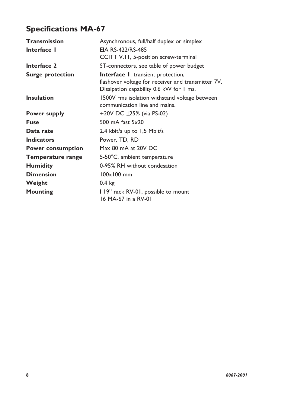 Specifications ma-67 | Westermo MA-67 User Manual | Page 2 / 8