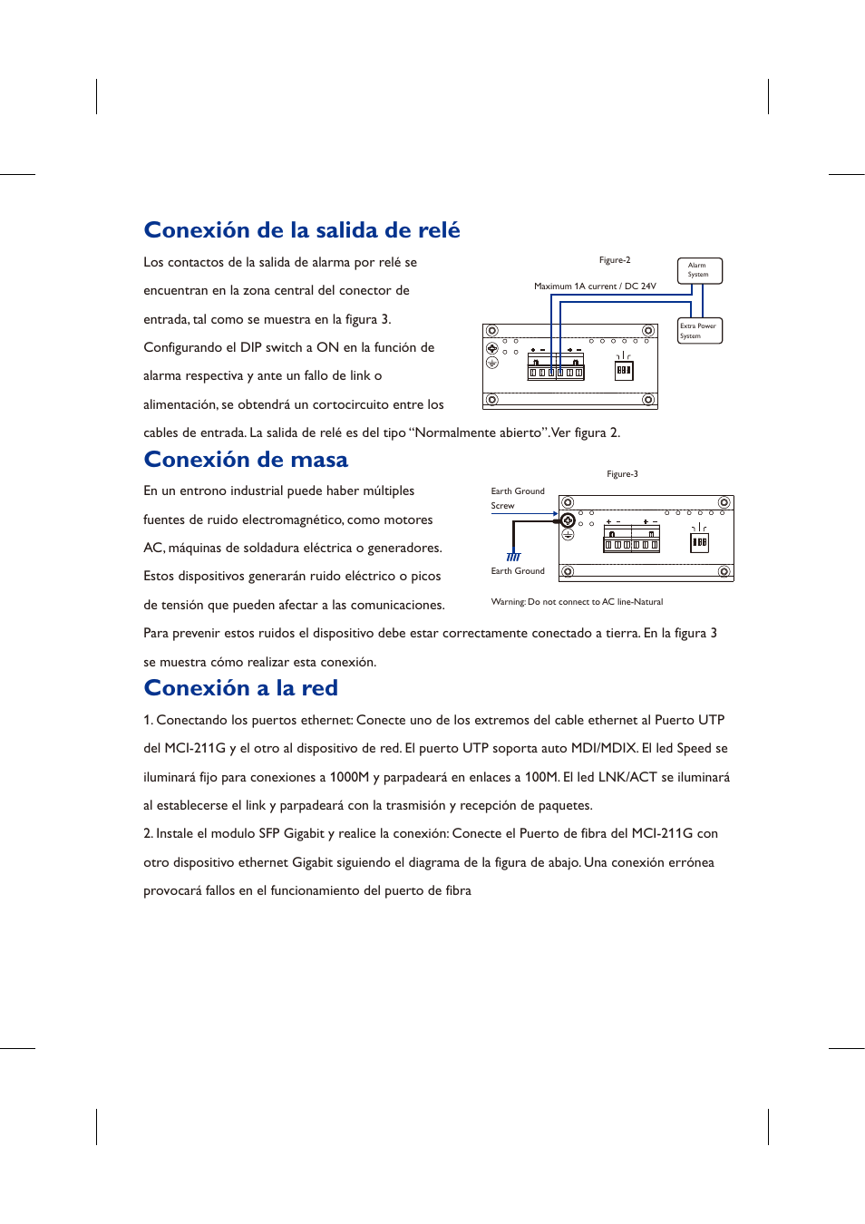Conexión de la salida de relé, Conexión de masa, Conexión a la red | Westermo MCI-211G User Manual | Page 12 / 16