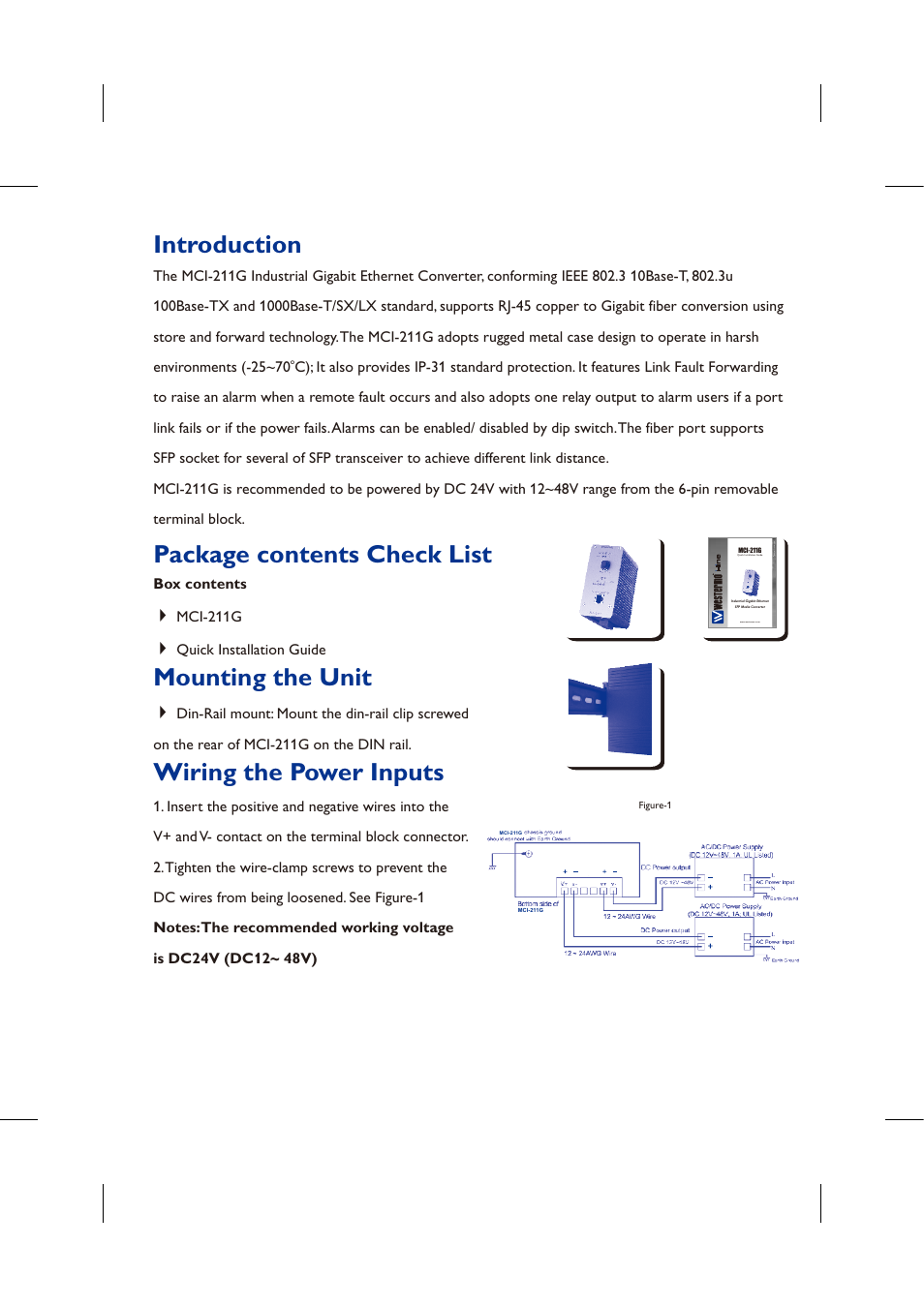 Introduction, Mounting the unit, Wiring the power inputs | Package contents check list | Westermo MCI-211G User Manual | Page 2 / 16