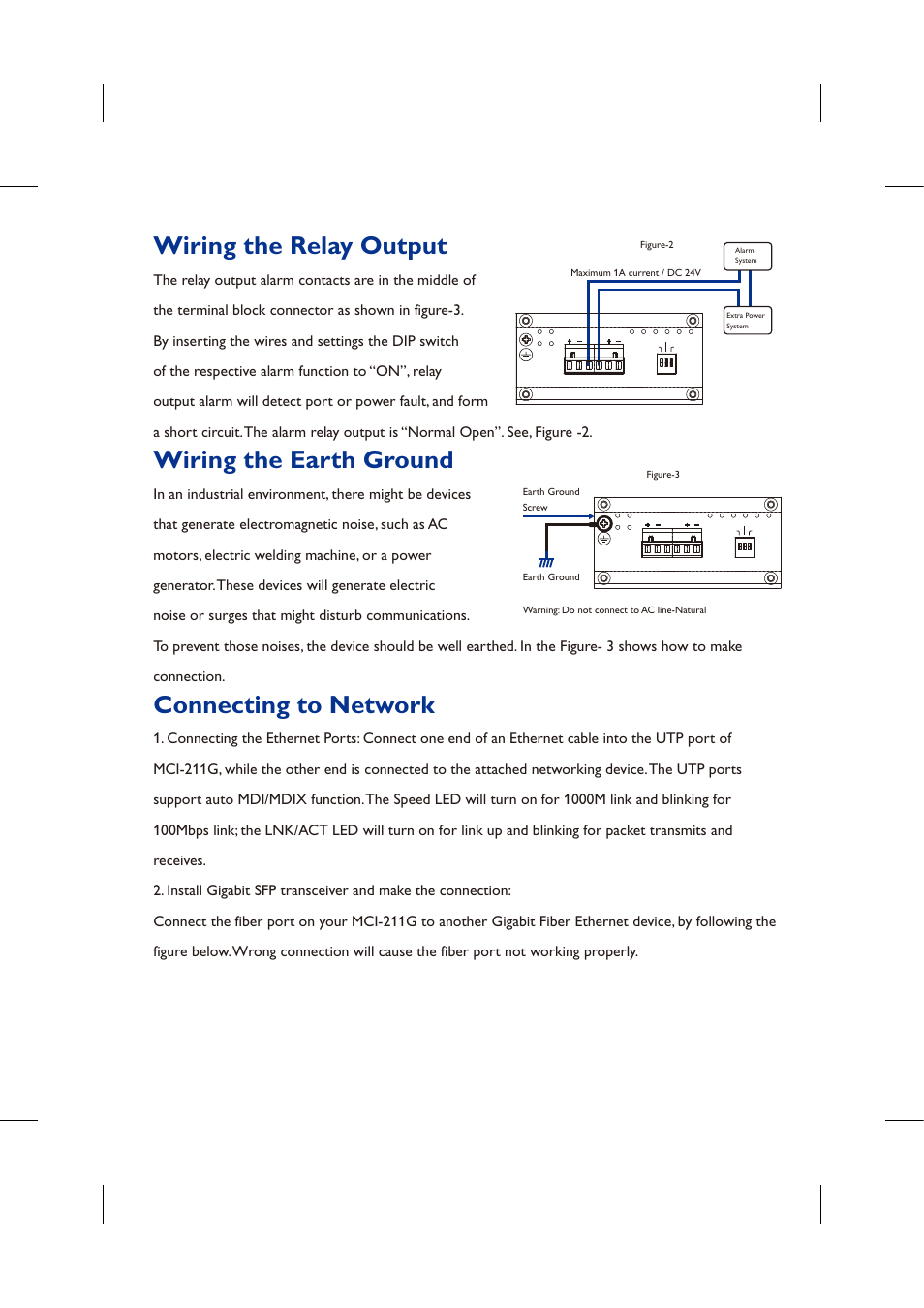 Wiring the relay output, Wiring the earth ground, Connecting to network | Westermo MCI-211G User Manual | Page 3 / 16