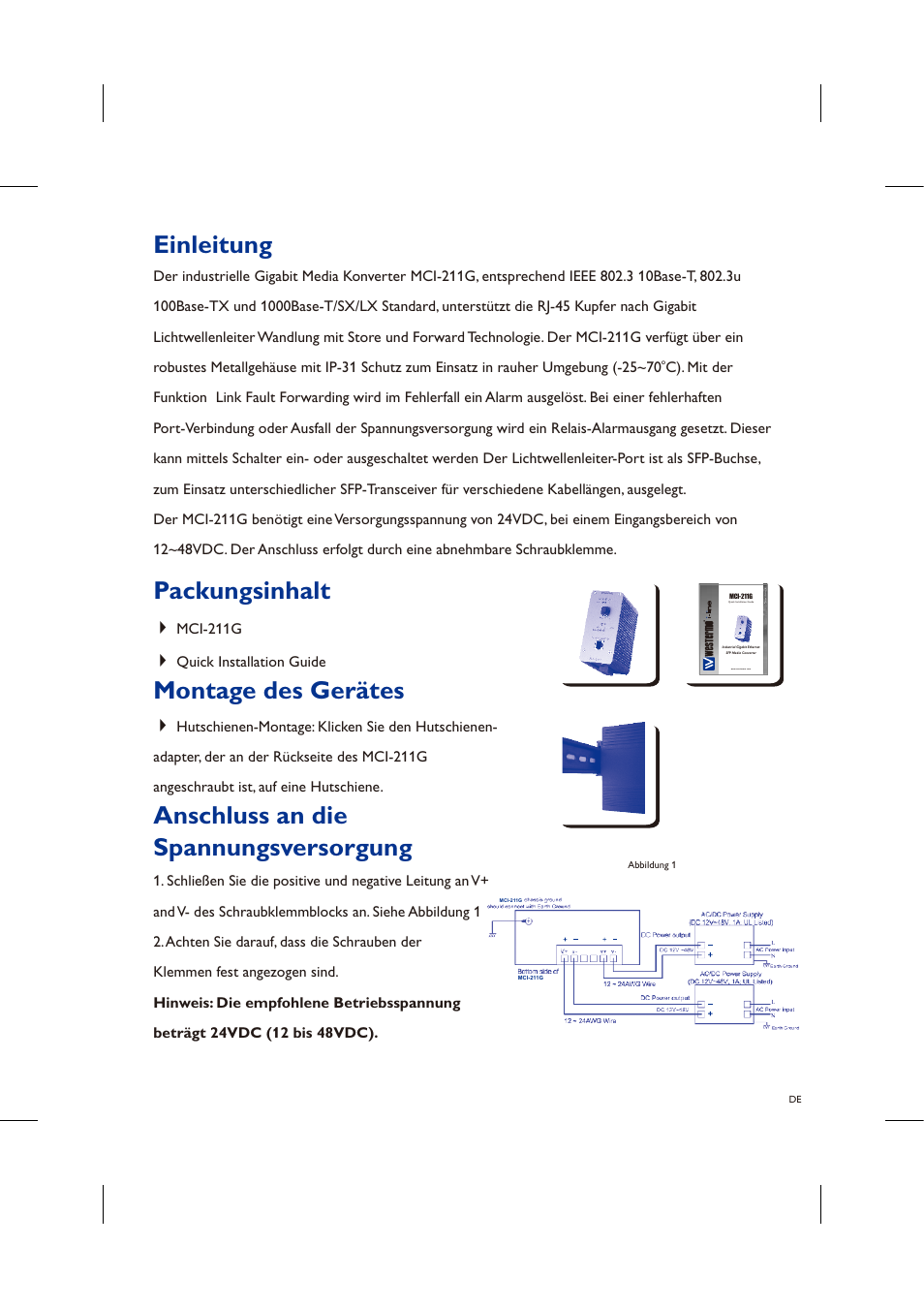 Einleitung, Montage des gerätes, Anschluss an die spannungsversorgung | Packungsinhalt | Westermo MCI-211G User Manual | Page 5 / 16